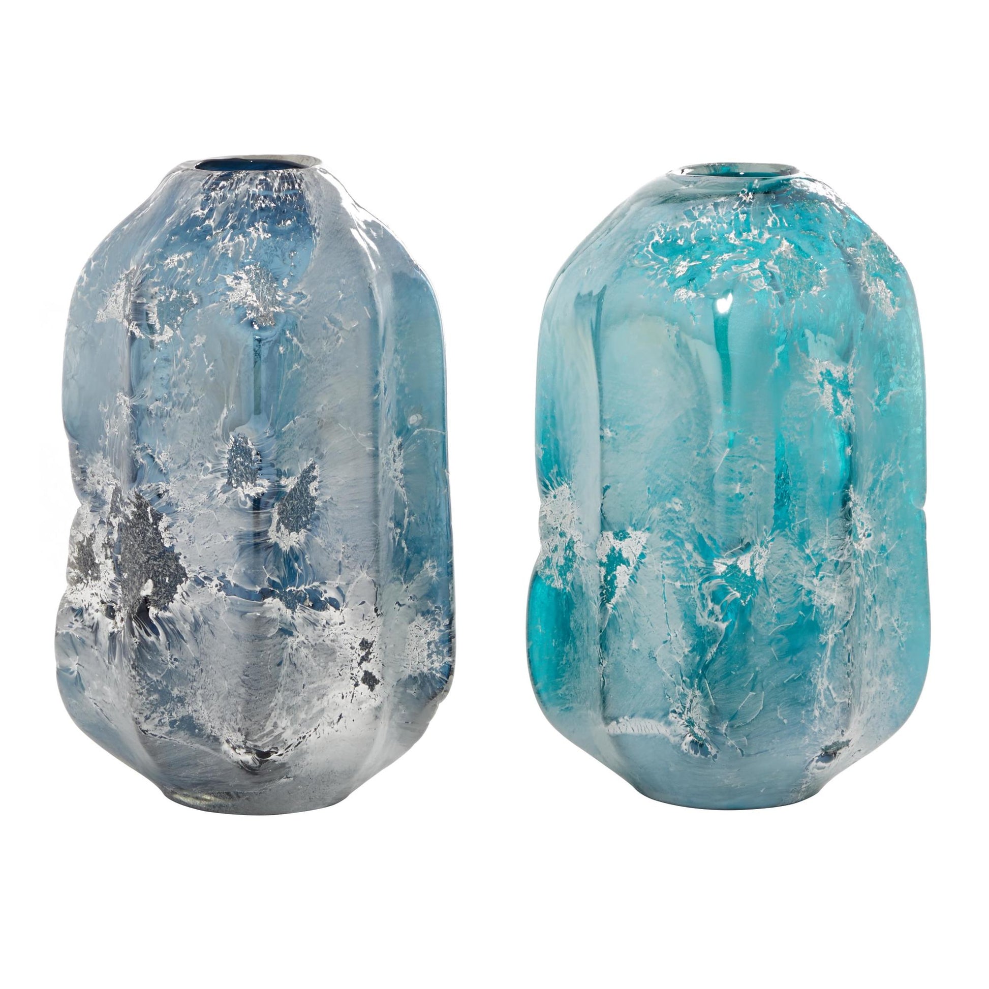 Set of 2 Blue Glass Handmade Blown Decorative Vase