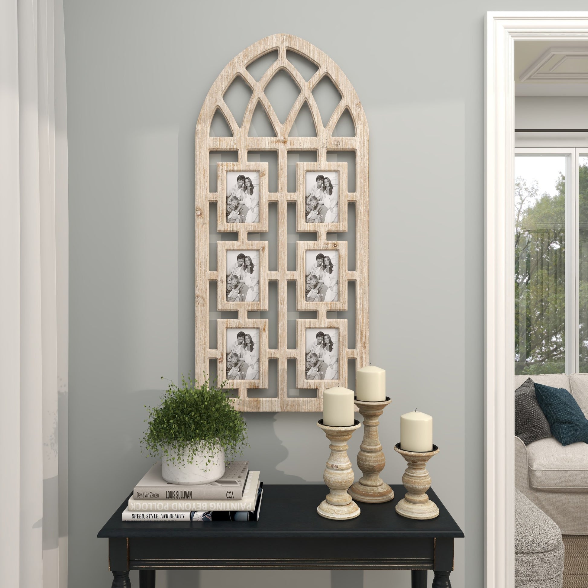 Light Brown Wooden 6 Slot Ornate Wall Photo Frame with Window Arch Shape