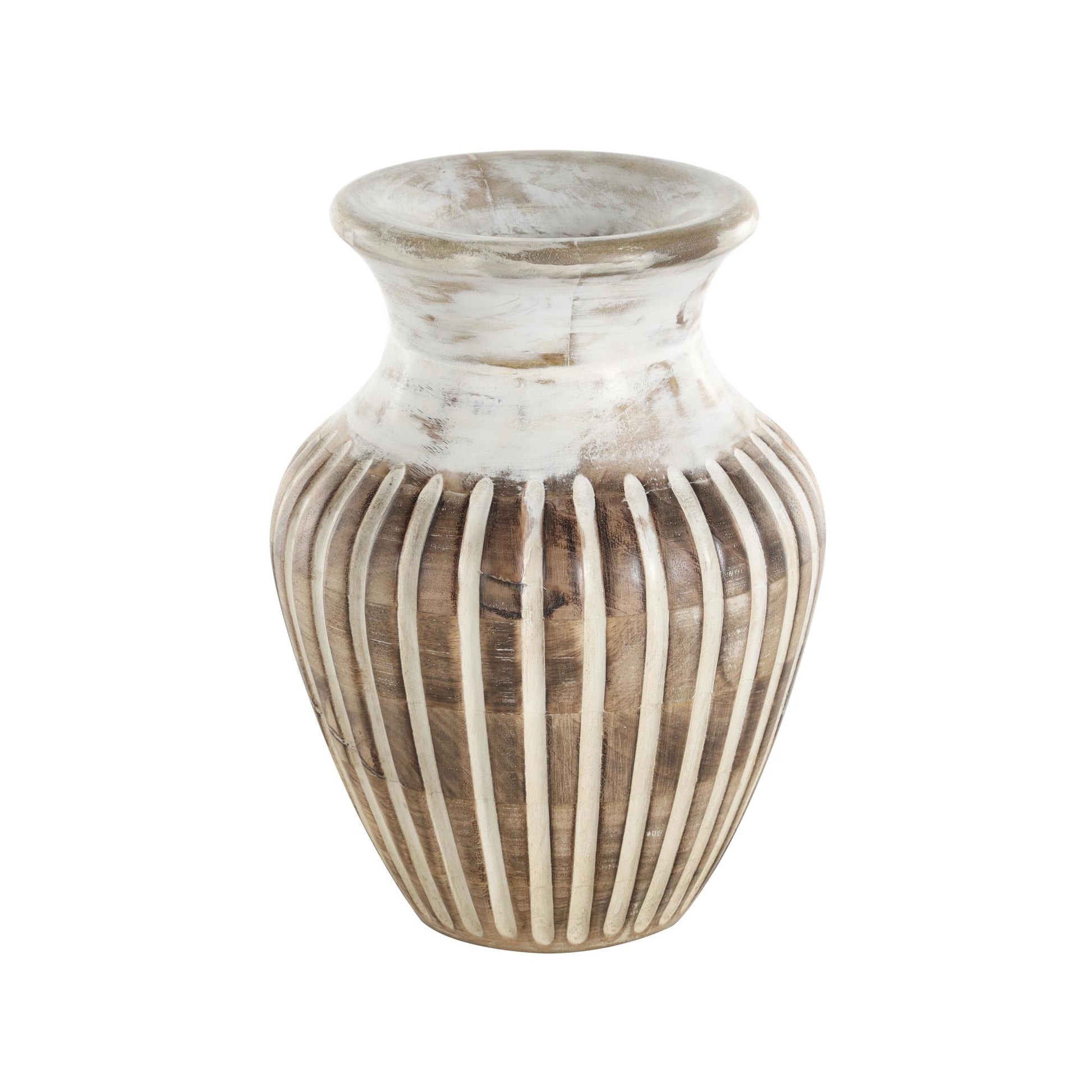 Brown Mango Wood Distressed Decorative Vase with Carved Grooves