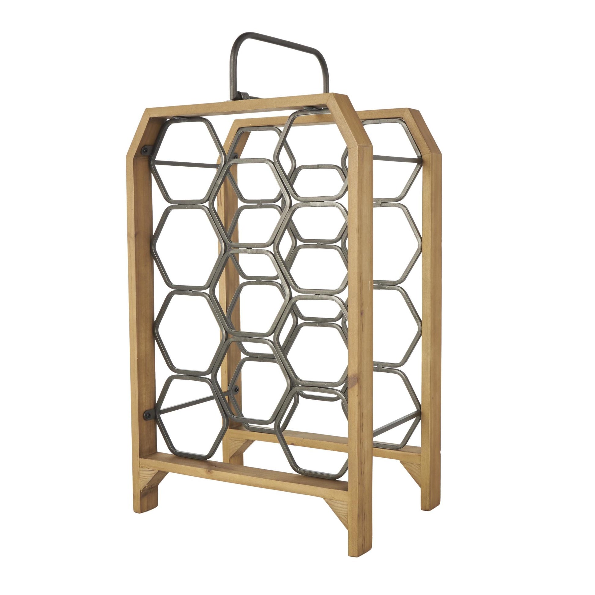 Brown Wood Tall Wine Rack with Gray Metal Curved Teardrop Holders