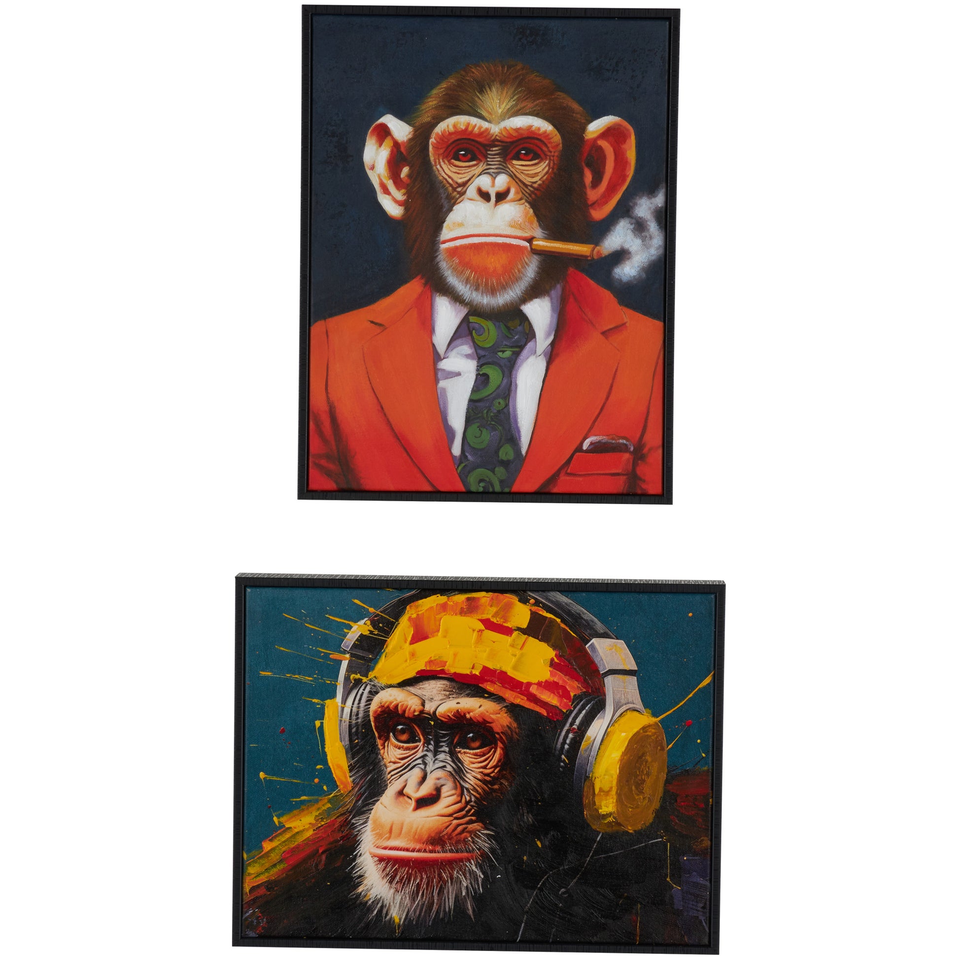 Set of 2 Monkey Multi Colored Canvas Business Living Room Framed Wall Art with Cigar and Headphones