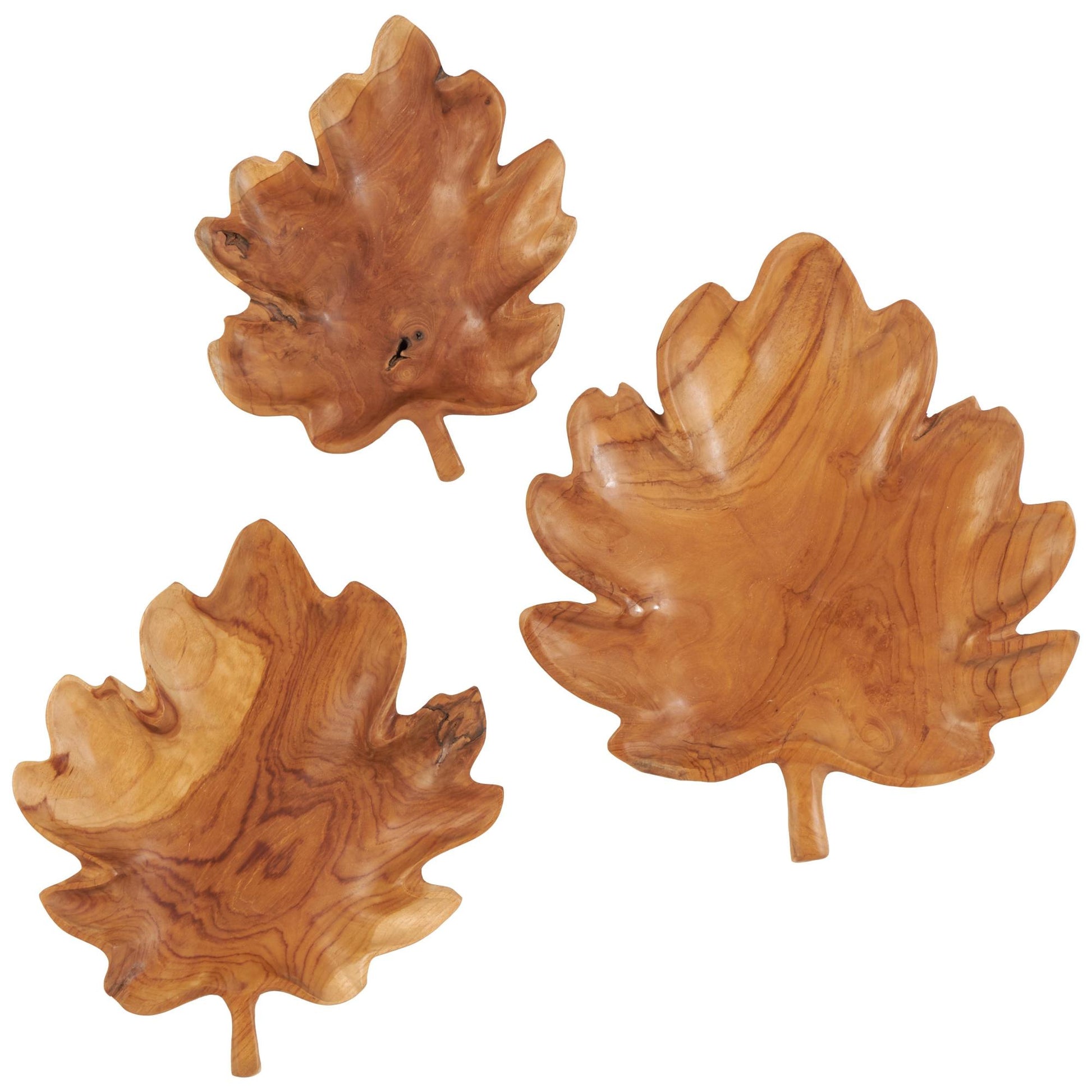 Set of 3 Leaf Brown Teak Wood Handmade Carved Living Room Decor Tray