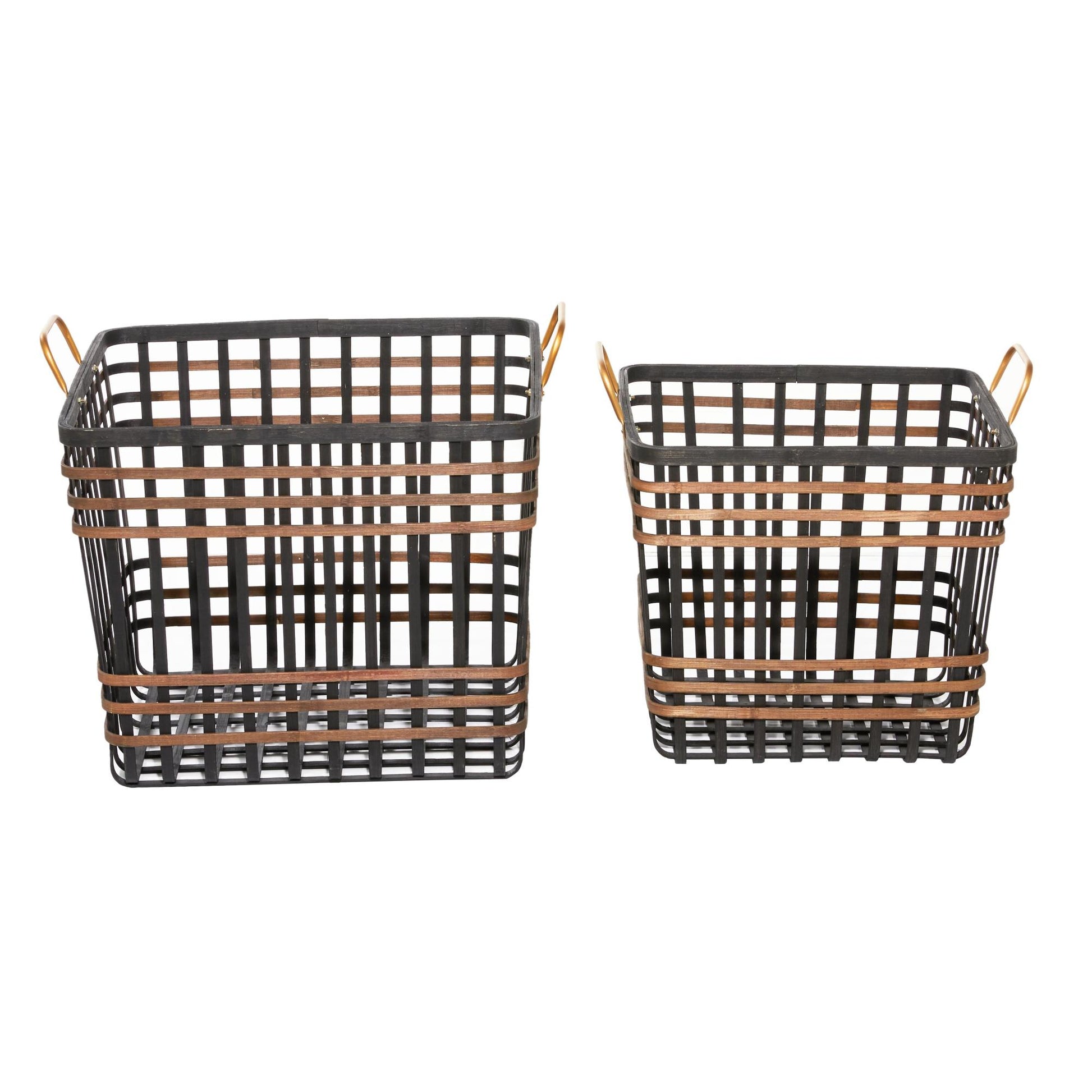 Set of 2 Black Bamboo Wood Open Frame Square Decorative and Functional Storage Basket with Brown Accents
