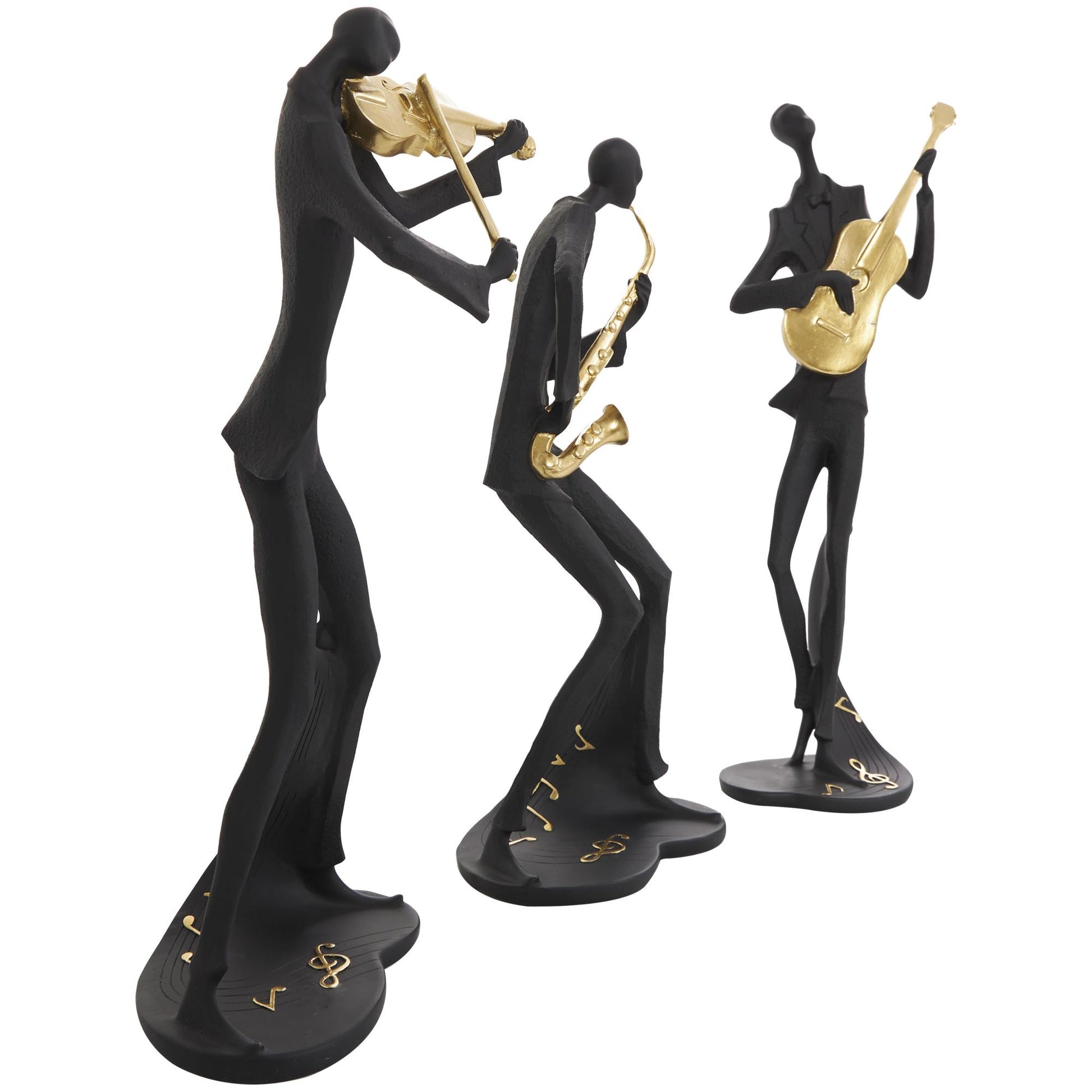 Set of 3 Musician Black Polystone Abstract Decorative Sculpture with Gold Instruments and Music Notes