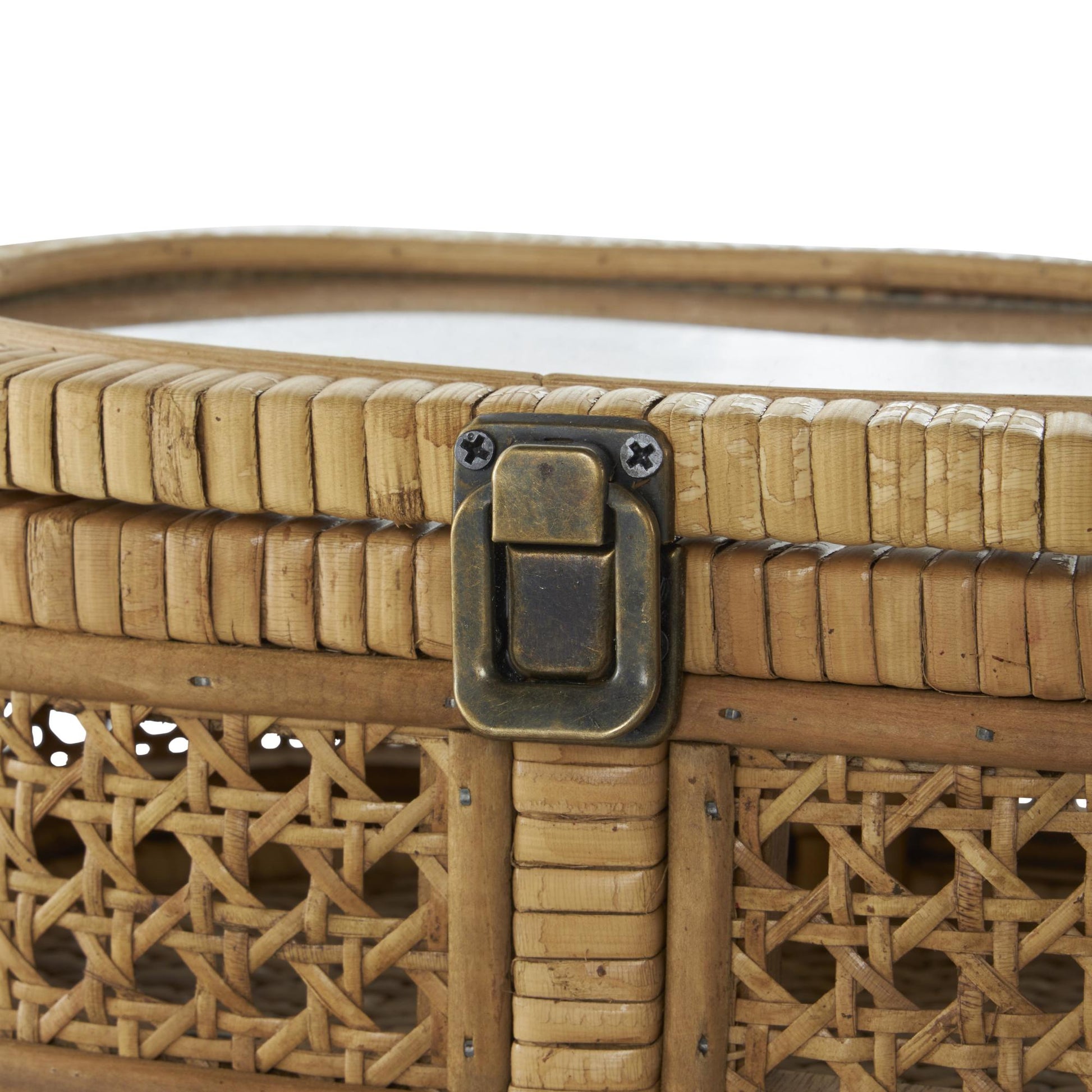Set of 2 Brown Rattan Handmade Wrapped Oval Storage Decorative Box with Cane Panels and Tempered Glass Tops