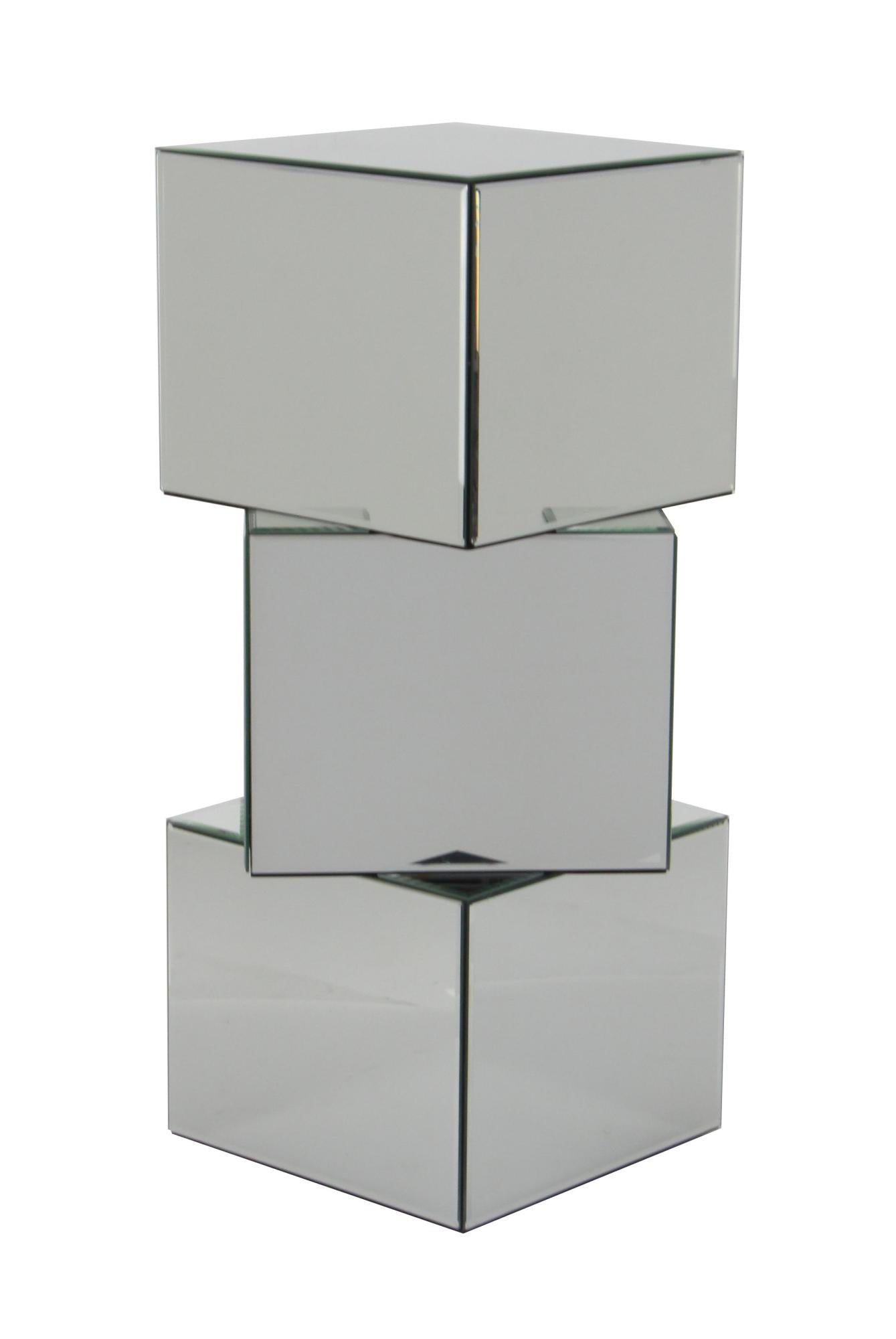 Silver Glass Mirrored Stacked Cube Side End Pedestal Table with Glass Front Panels