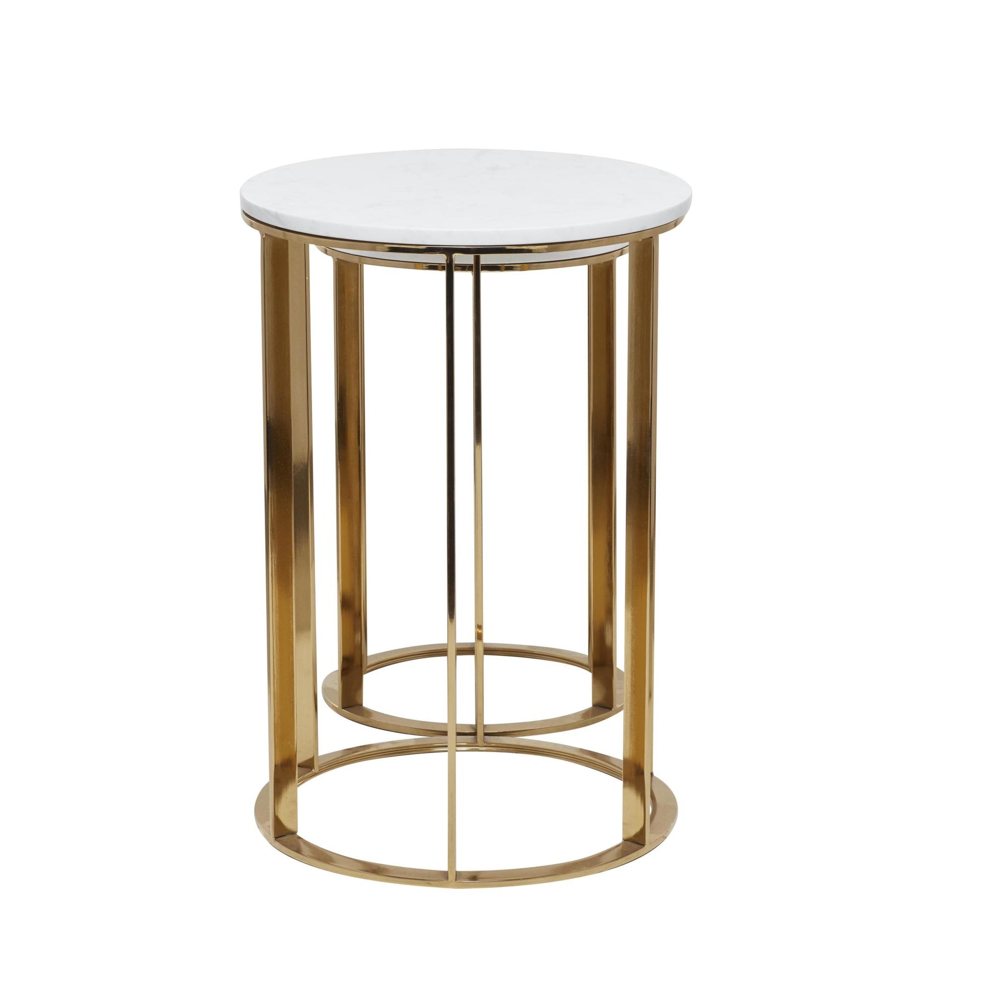 Set of 2 Gold Metal Side End Accent Table with Marble Top