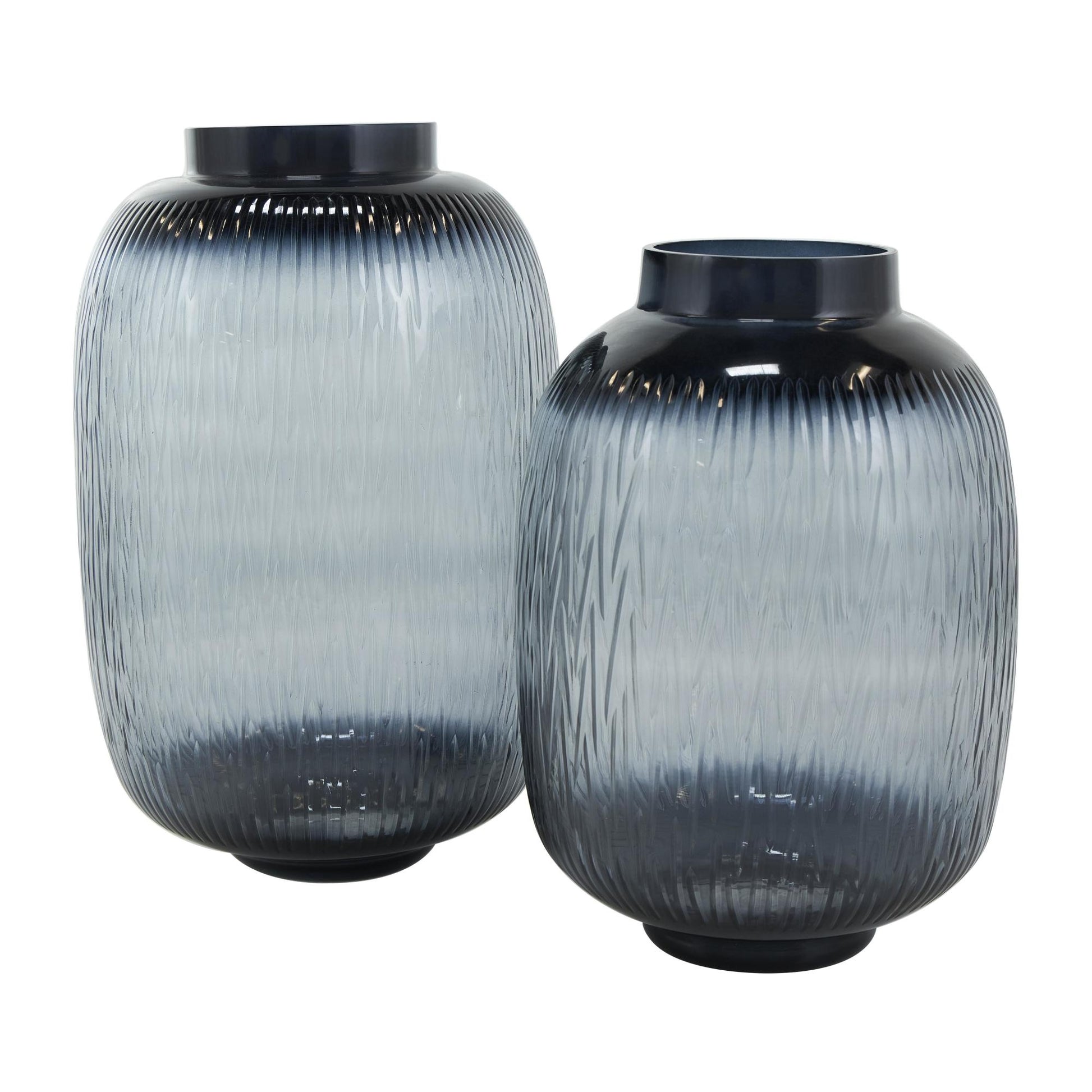 Set of 2 Black Glass Textured Ombre Decorative Vase