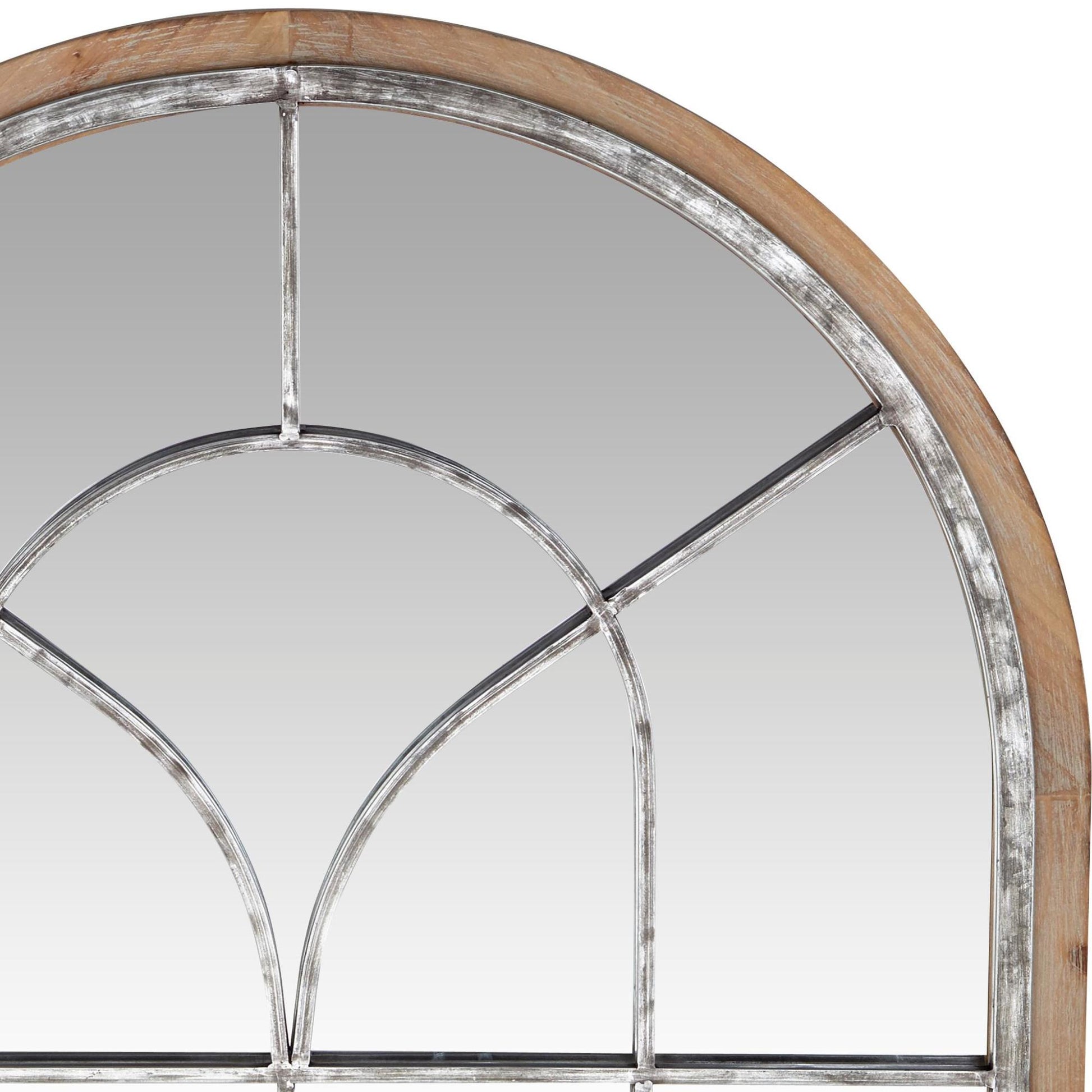 Brown Wooden Window Pane Inspired Room Wall Mirror with Arched Top