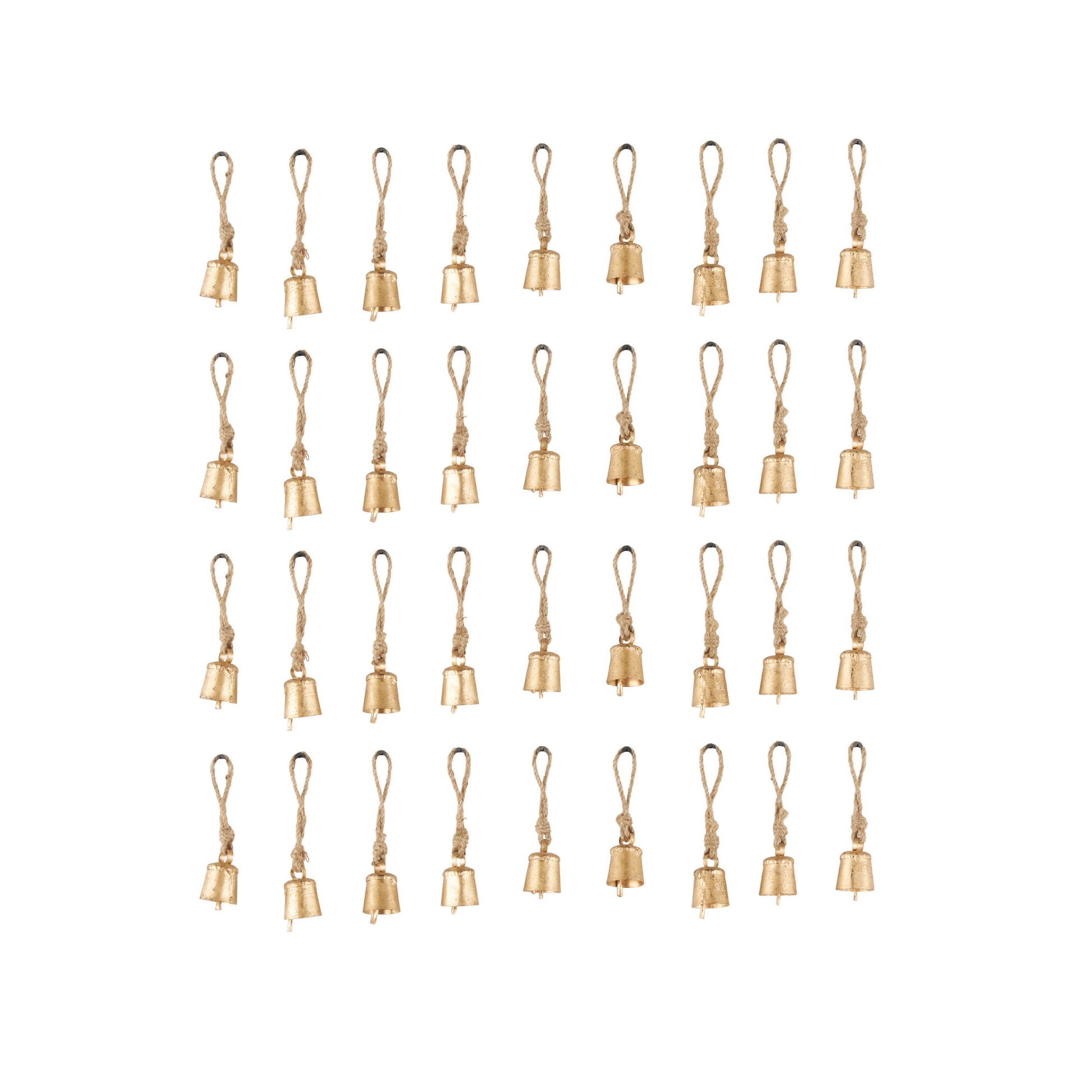 Set of 36 Bell Gold Metal Tibetan Inspired Indoor Outdoor Decorative Bells with Brown Jute Rope and Canvas Tote