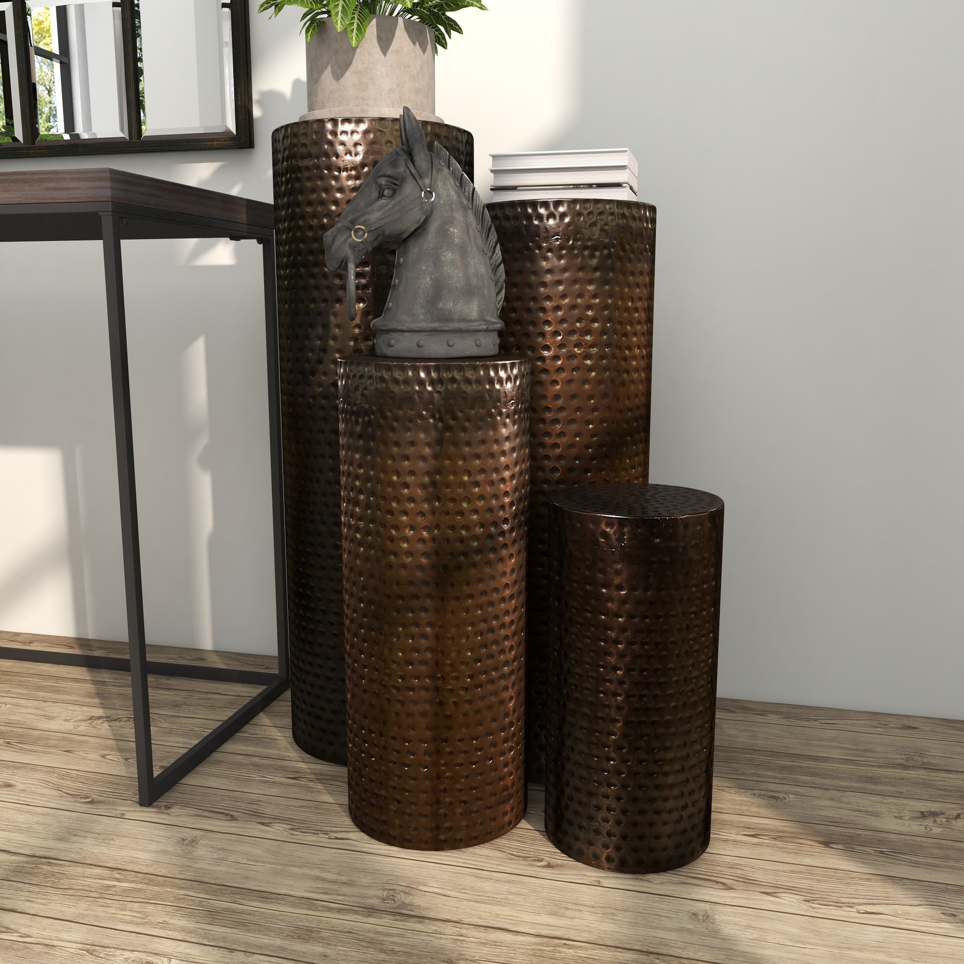 Set of 4 Abstract Metal Tall Slim Side End Pedestal Table with Grooved Shell Design Set of 4 36", 32", 24", 18"H