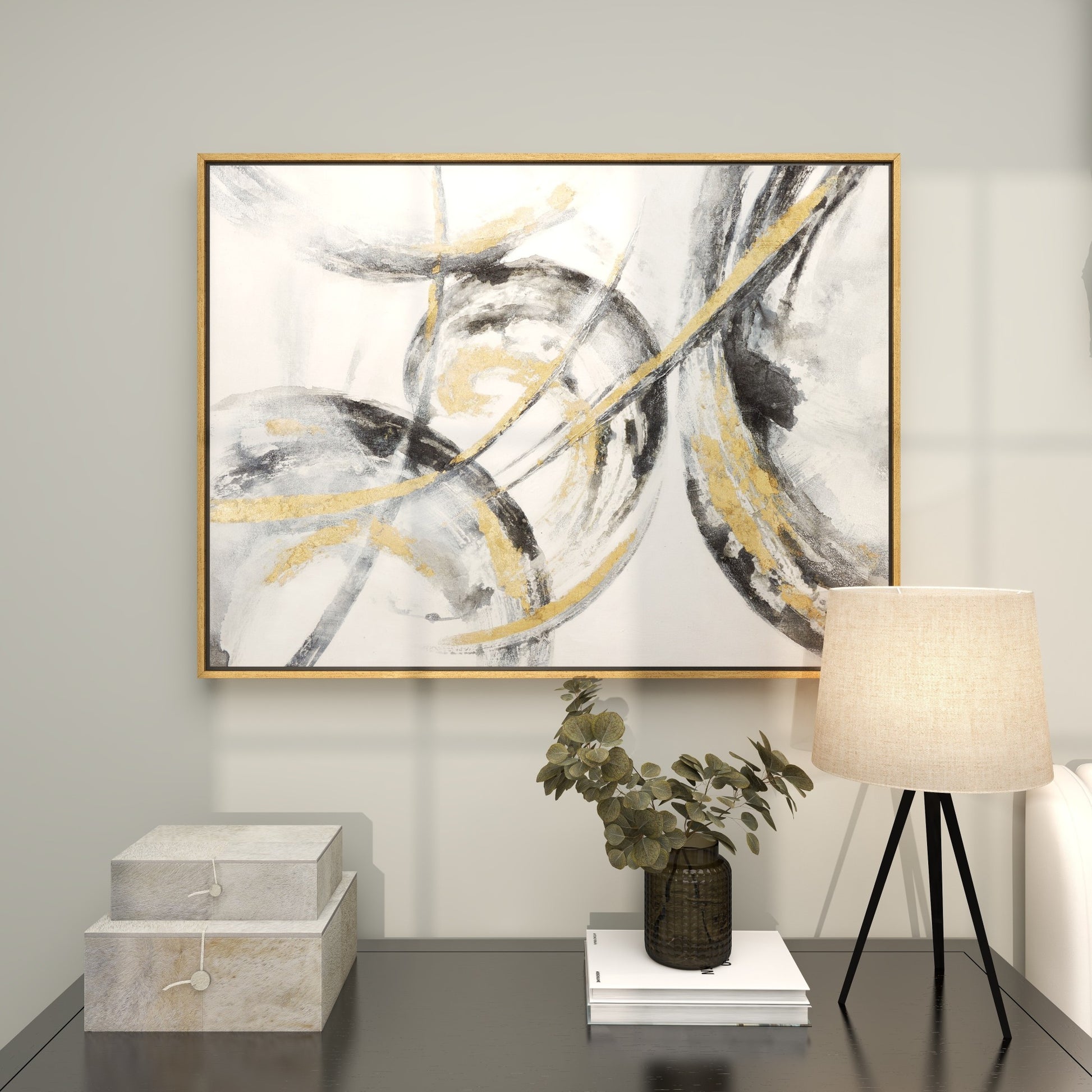 CosmoLiving by Cosmopolitan Abstract Gold Canvas Living Room Framed Wall Art with Gold Frame