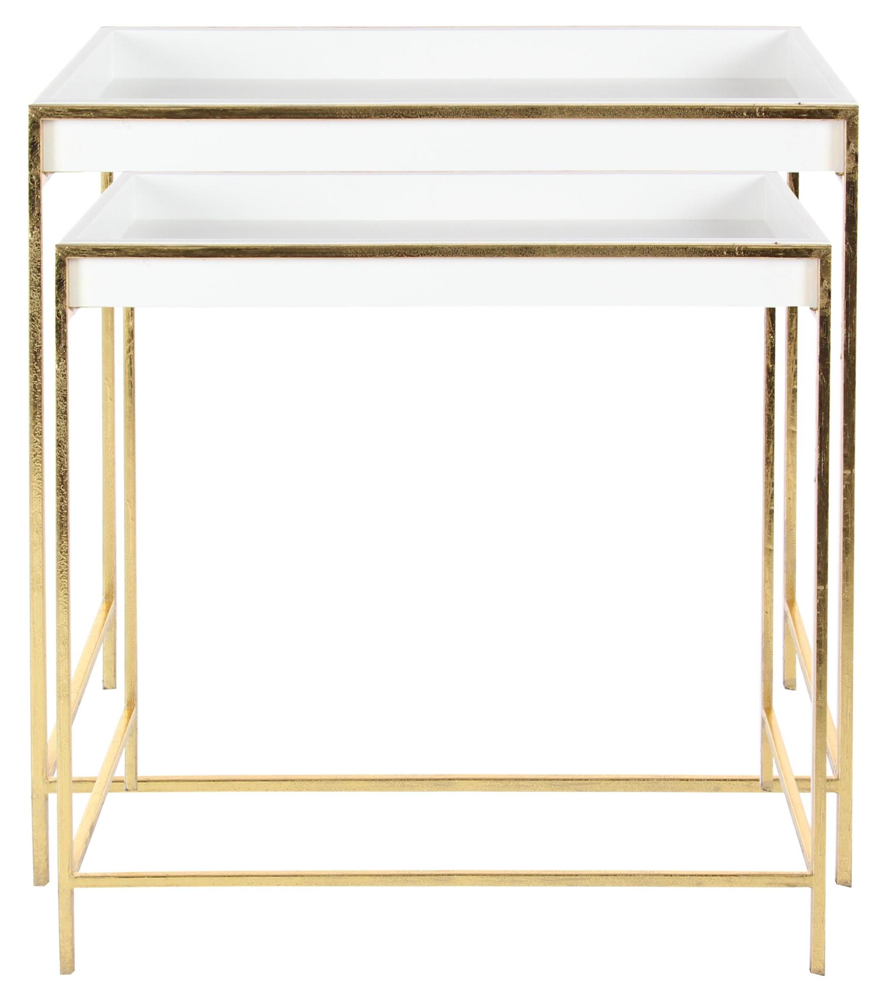 Set of 2 Geometric White Wooden Nesting Tray Top Side End Accent Table with Gold Metal Legs