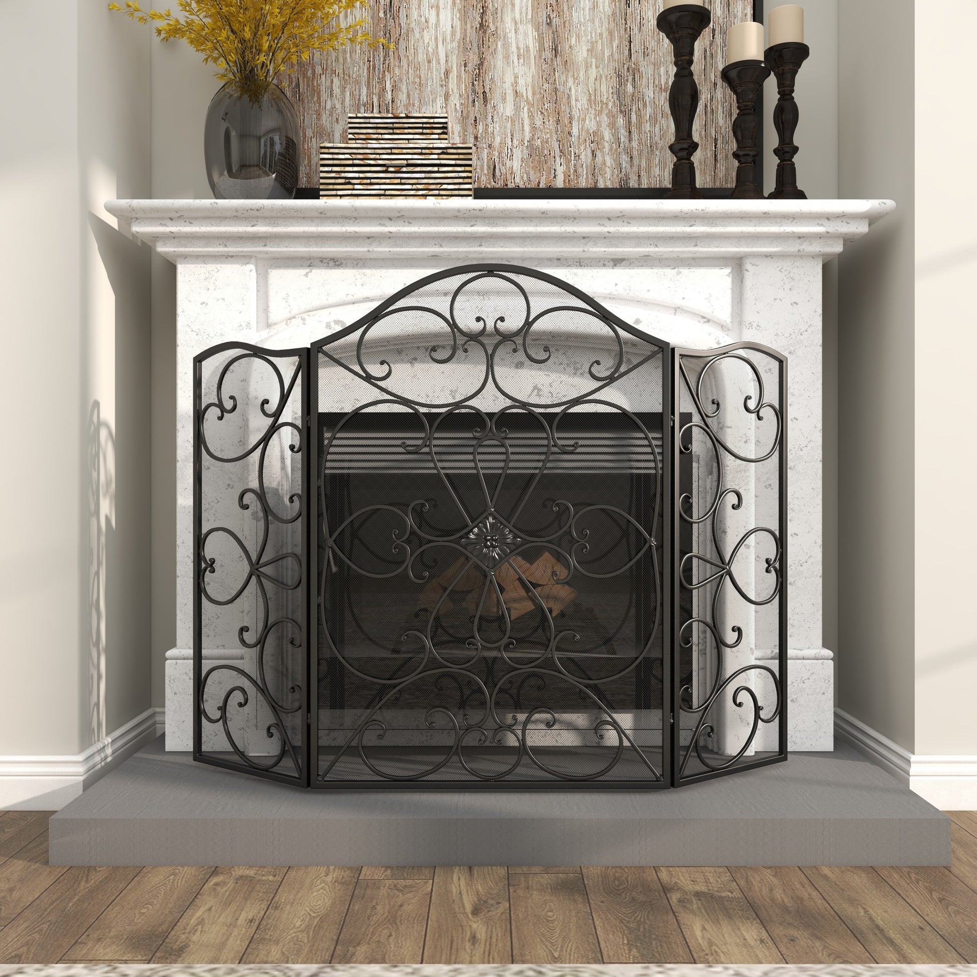 Scroll Black Metal Foldable 3 Panel Living Room Fireplace Screen with Mesh Netting