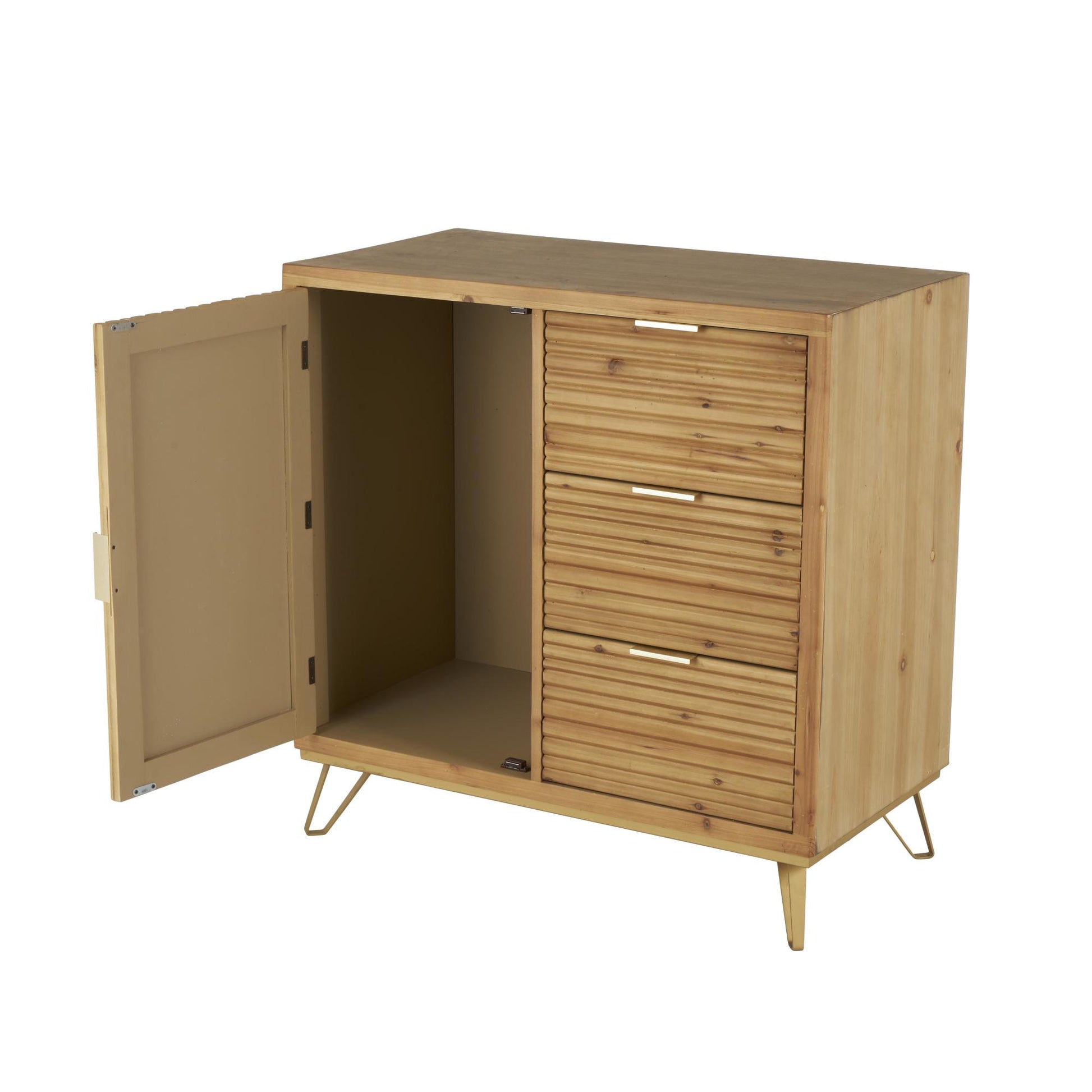 Brown Wooden Ribbed 1 Door and 3 Drawer Room Cabinet with Gold Metal Handles