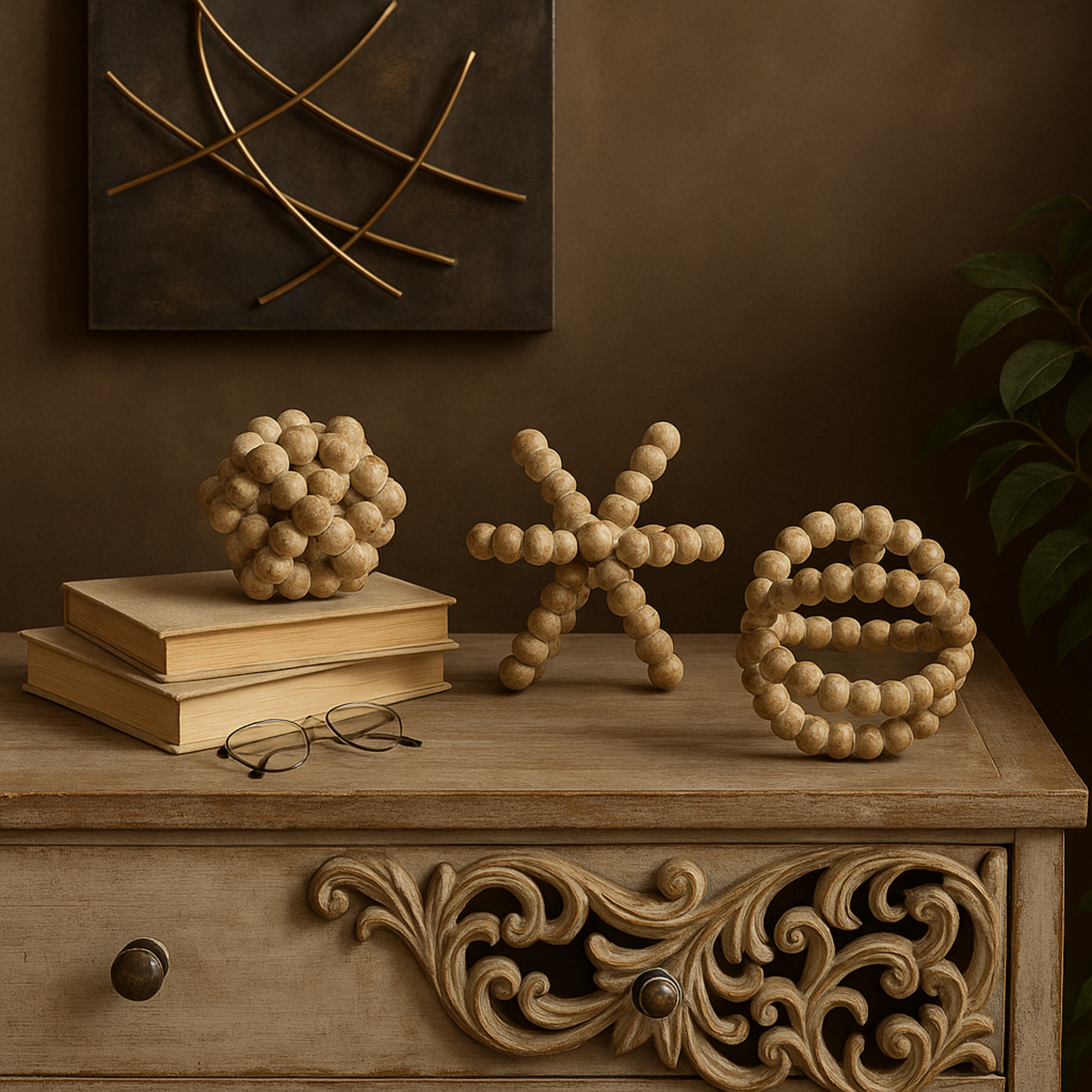 Set of 3 Knot Brown Wood Handmade Beaded Decorative Sculpture with White Washed Distressing