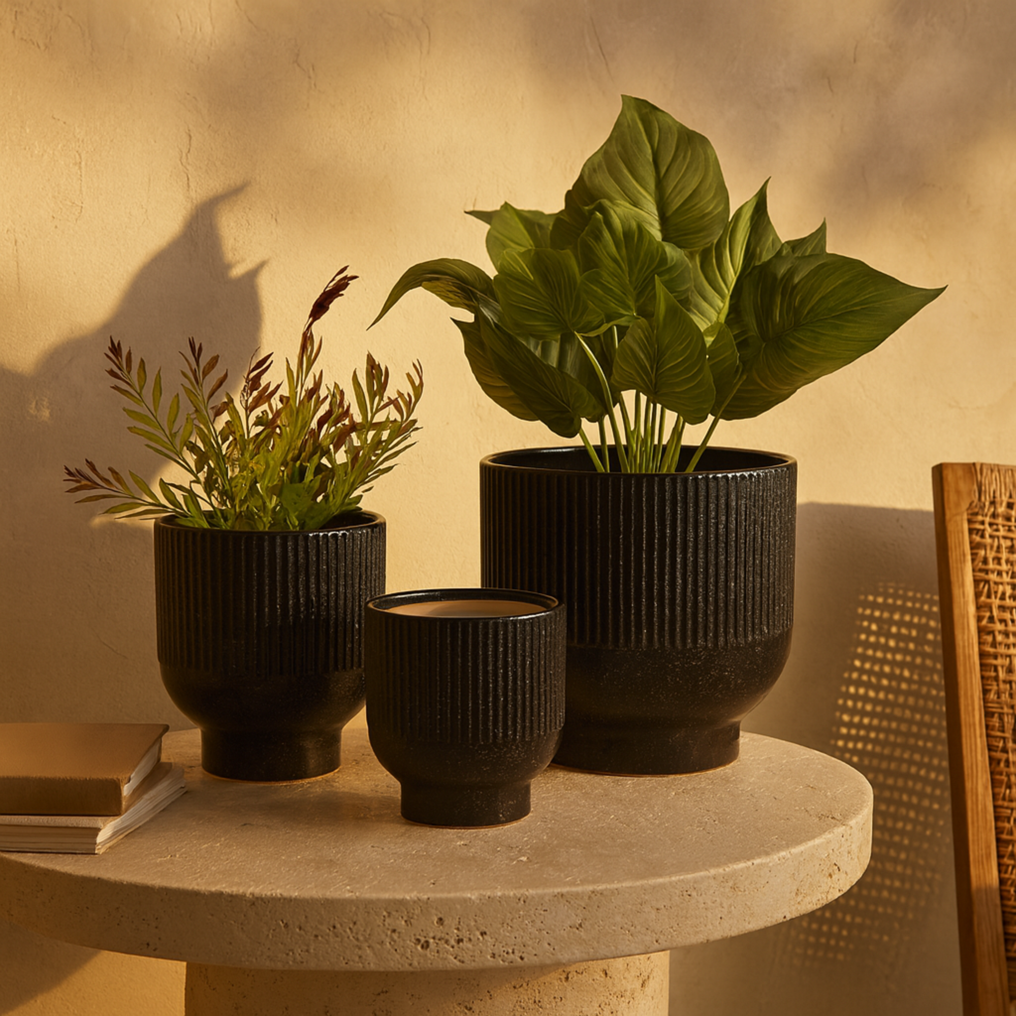 Set of 3 Ceramic Speckled Indoor Outdoor Planter with Linear Grooves and Tapered Bases Set of 3 9", 8", 6"H