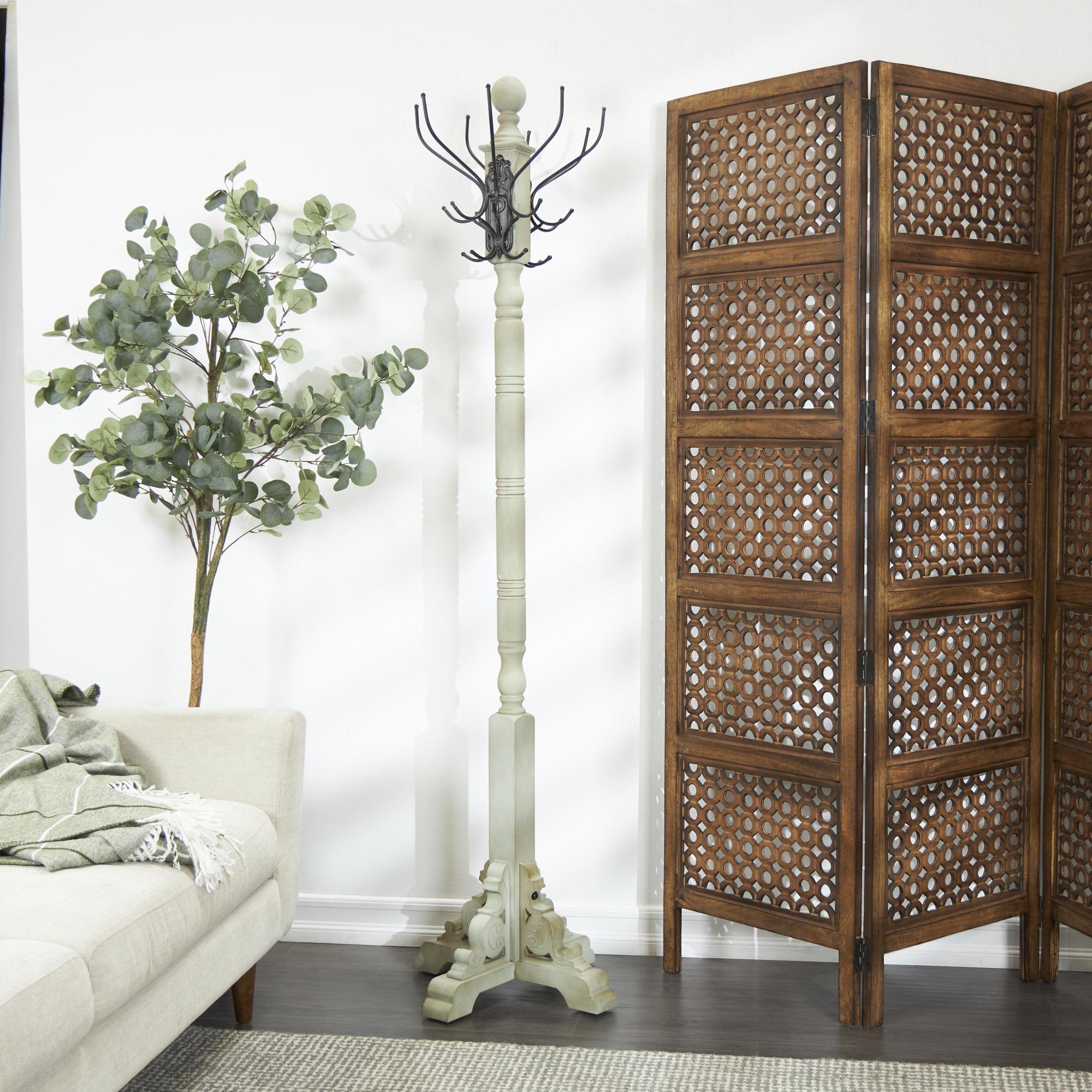 Scroll Gray Wood Vintage Style 12 Hook Freestanding Coat Rack with Black Metal Hooks