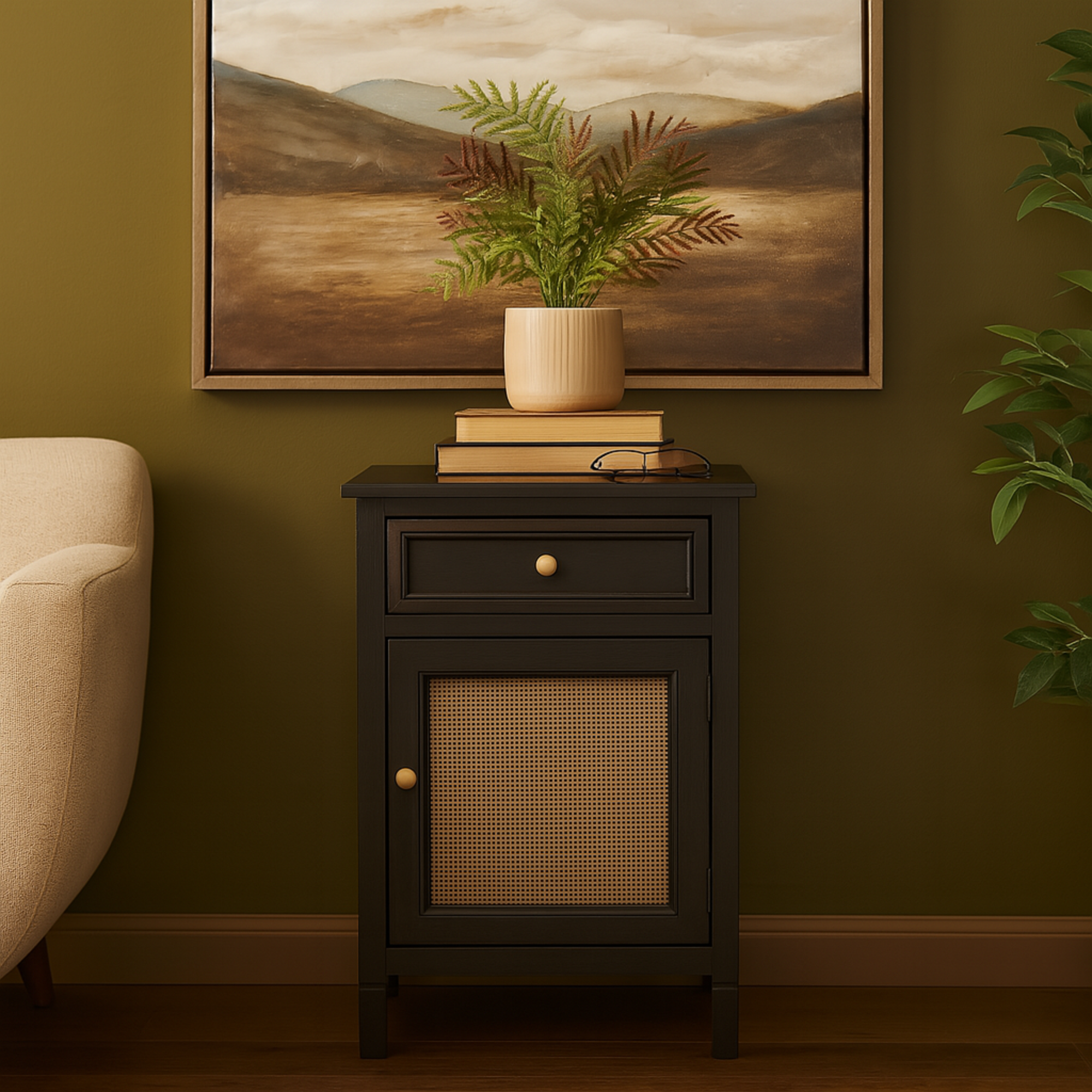 Black Wood Handmade 1 Door and 1 Drawer Room Cabinet with Rattan Front