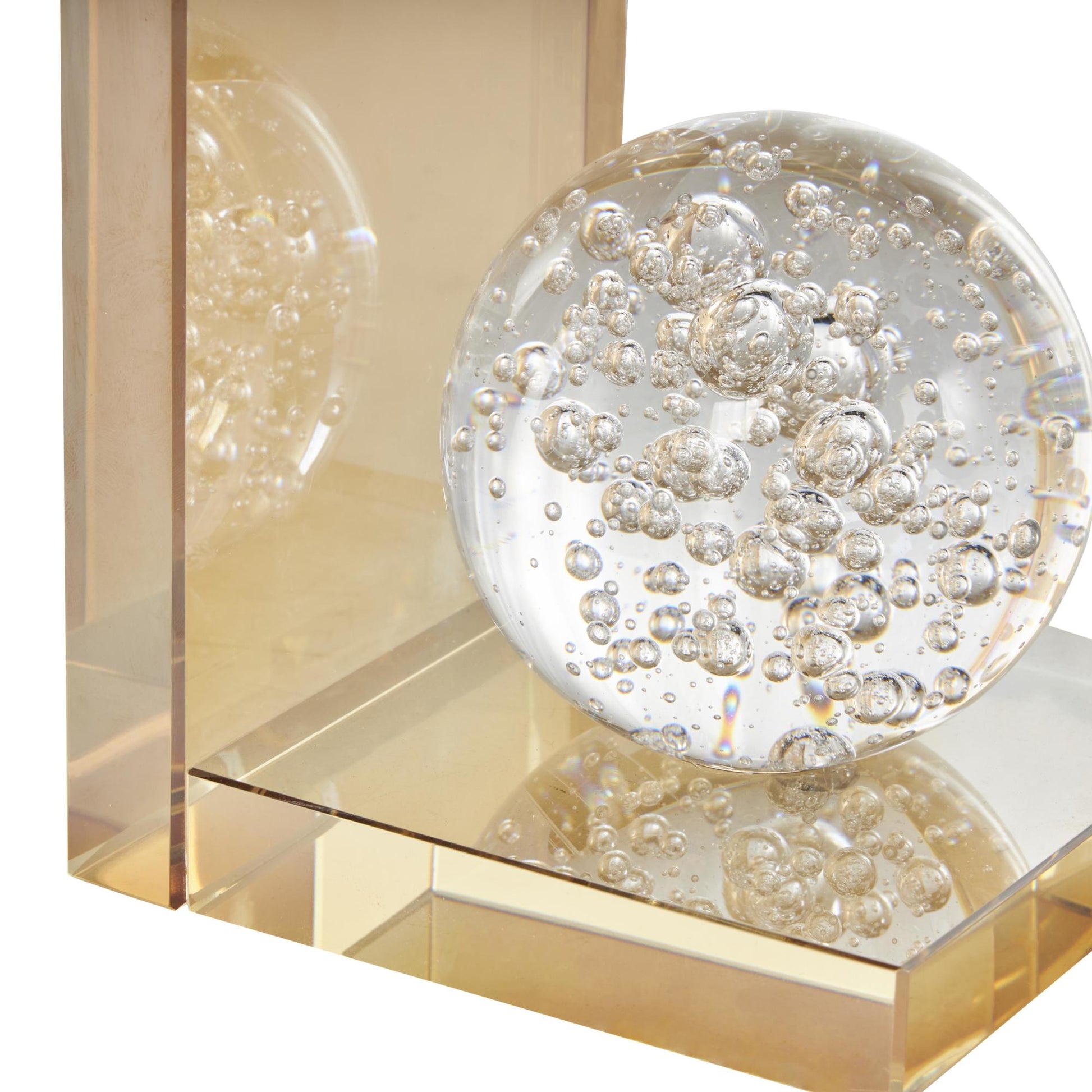 Set of 2 Geometric Gold Glass Decorative Bookends with Clear Orbs and Bubble Texturing