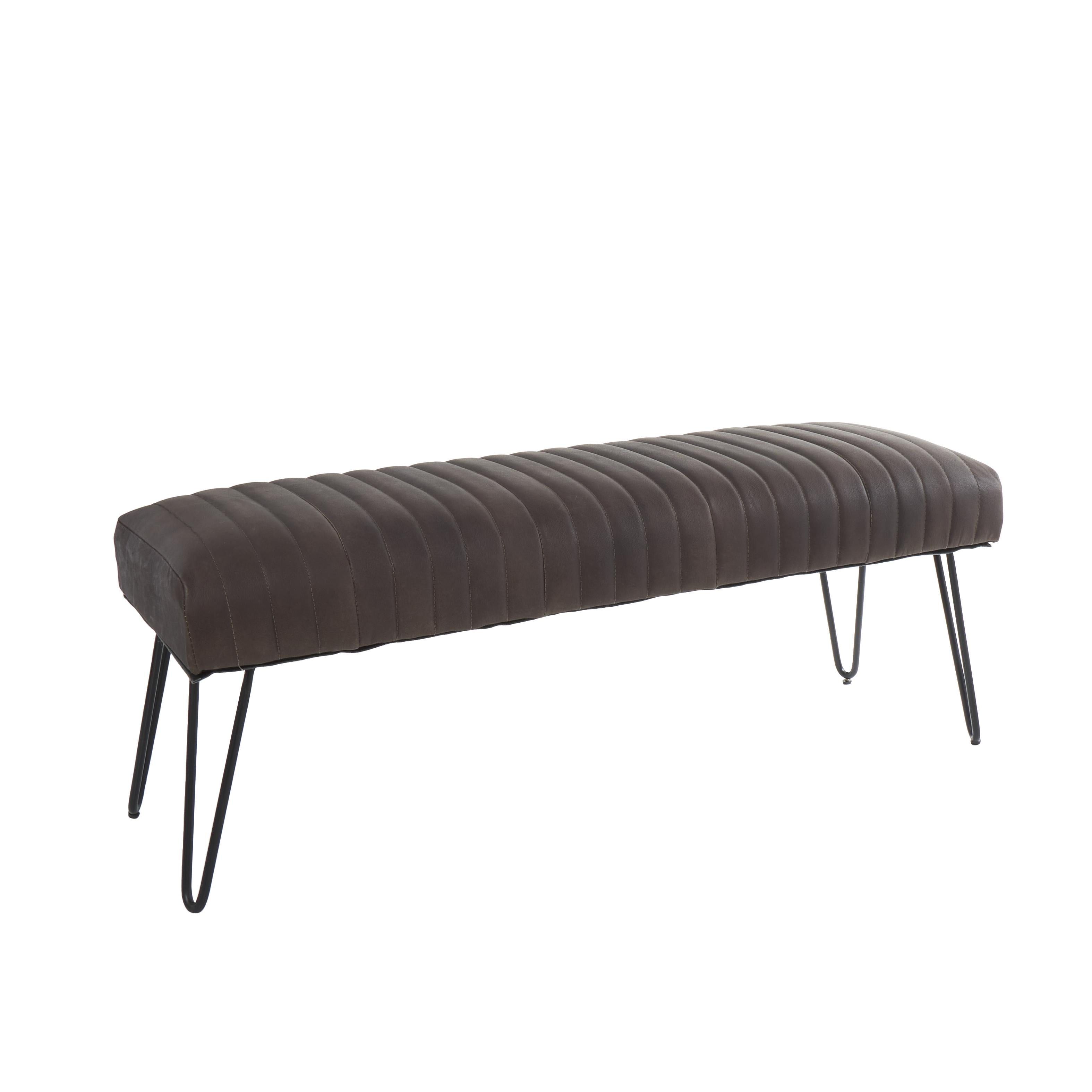 Leather Upholstered Home Bench with Linear Tufted Panels and Black Metal Hairpin Legs
