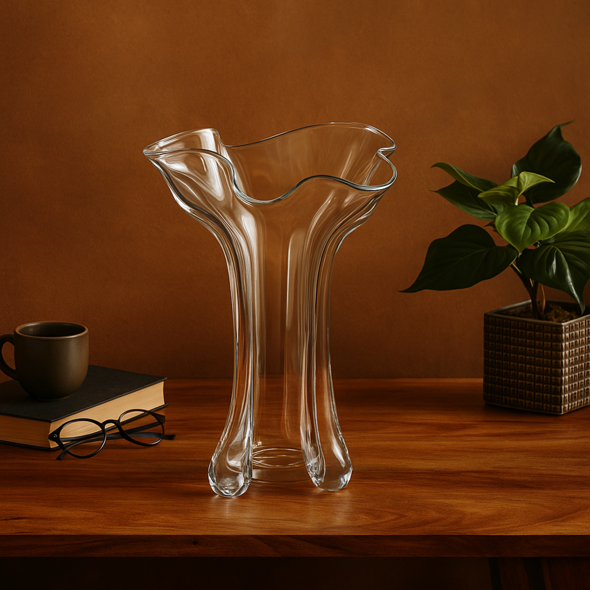 Abstract Clear Glass Fluted Tulip Decorative Vase