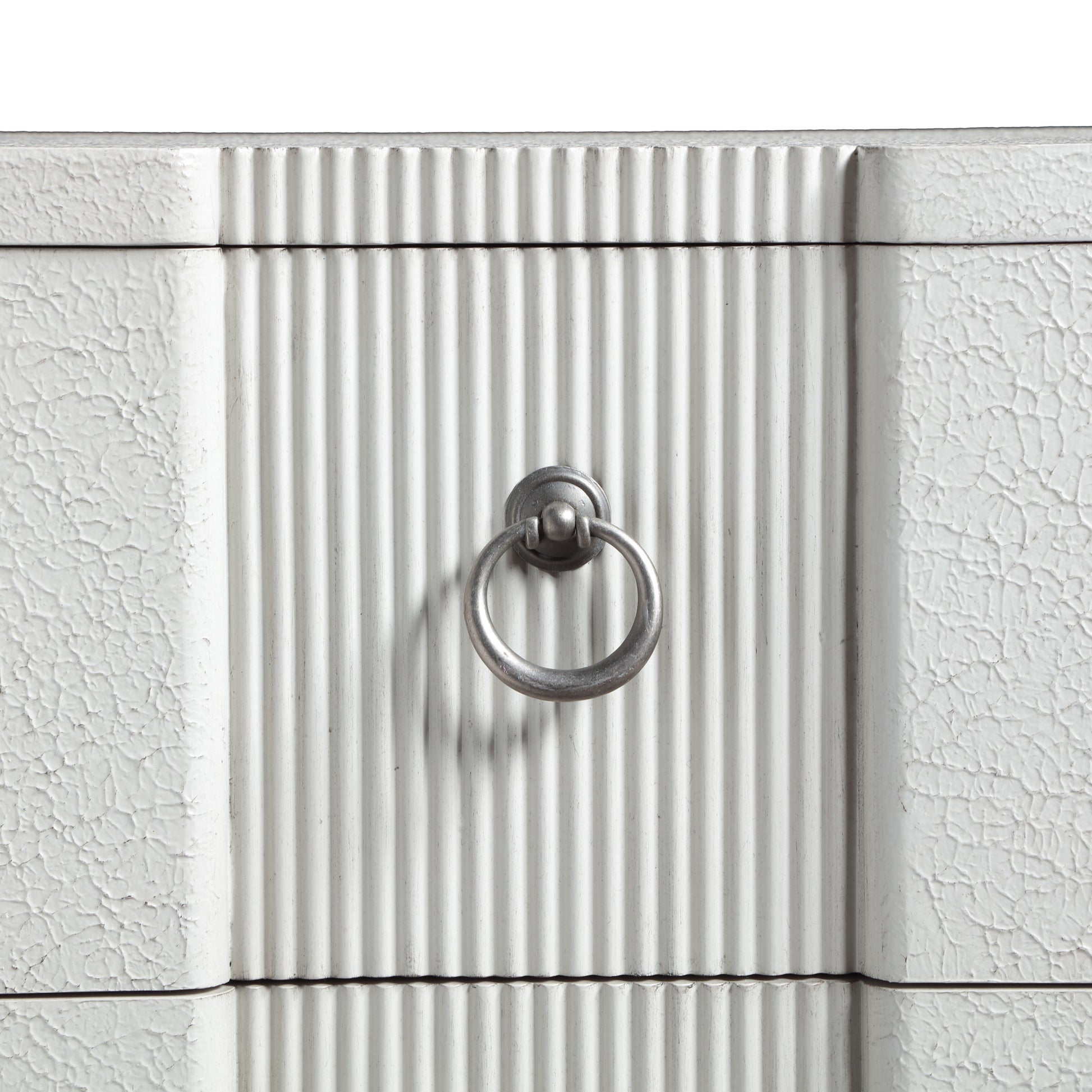 White Wooden Textured 3 Drawer Room Chest with Silver Ring Handles and Ribbed Front