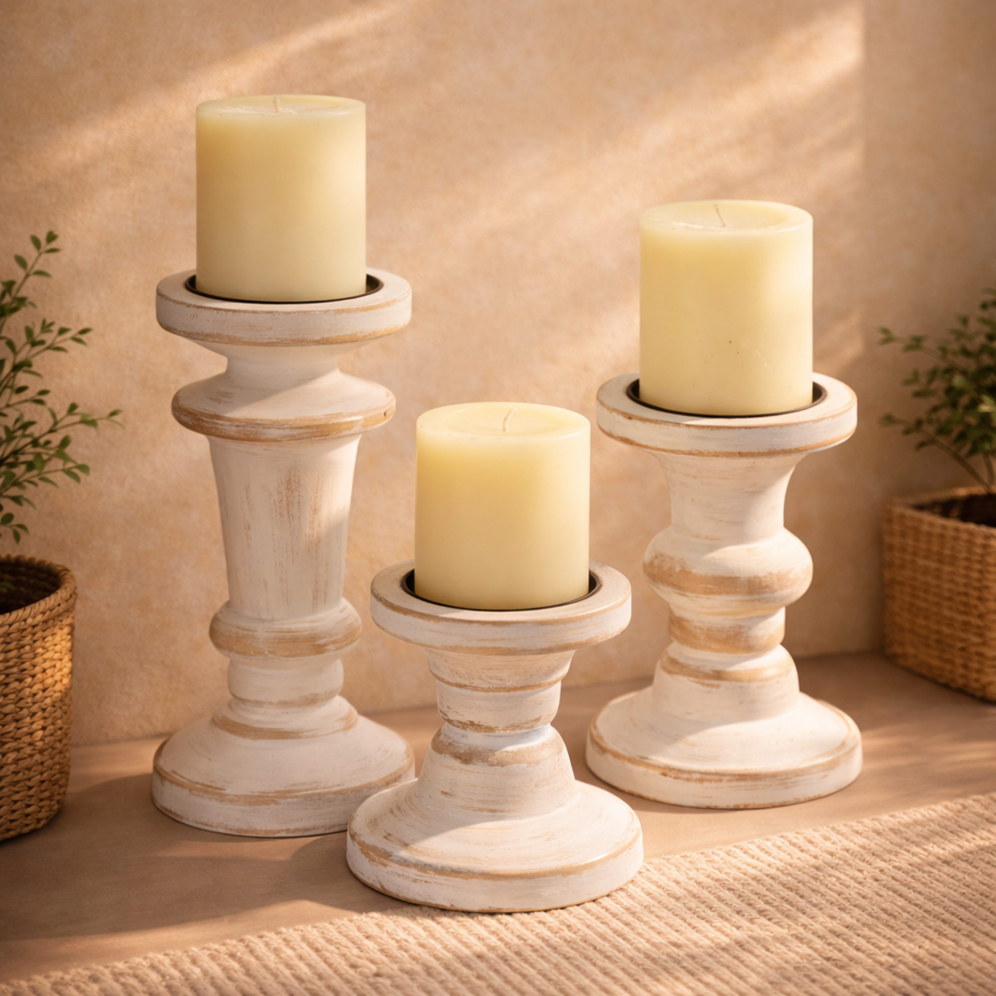 Set of 3 White Wood Decorative Candle Holder