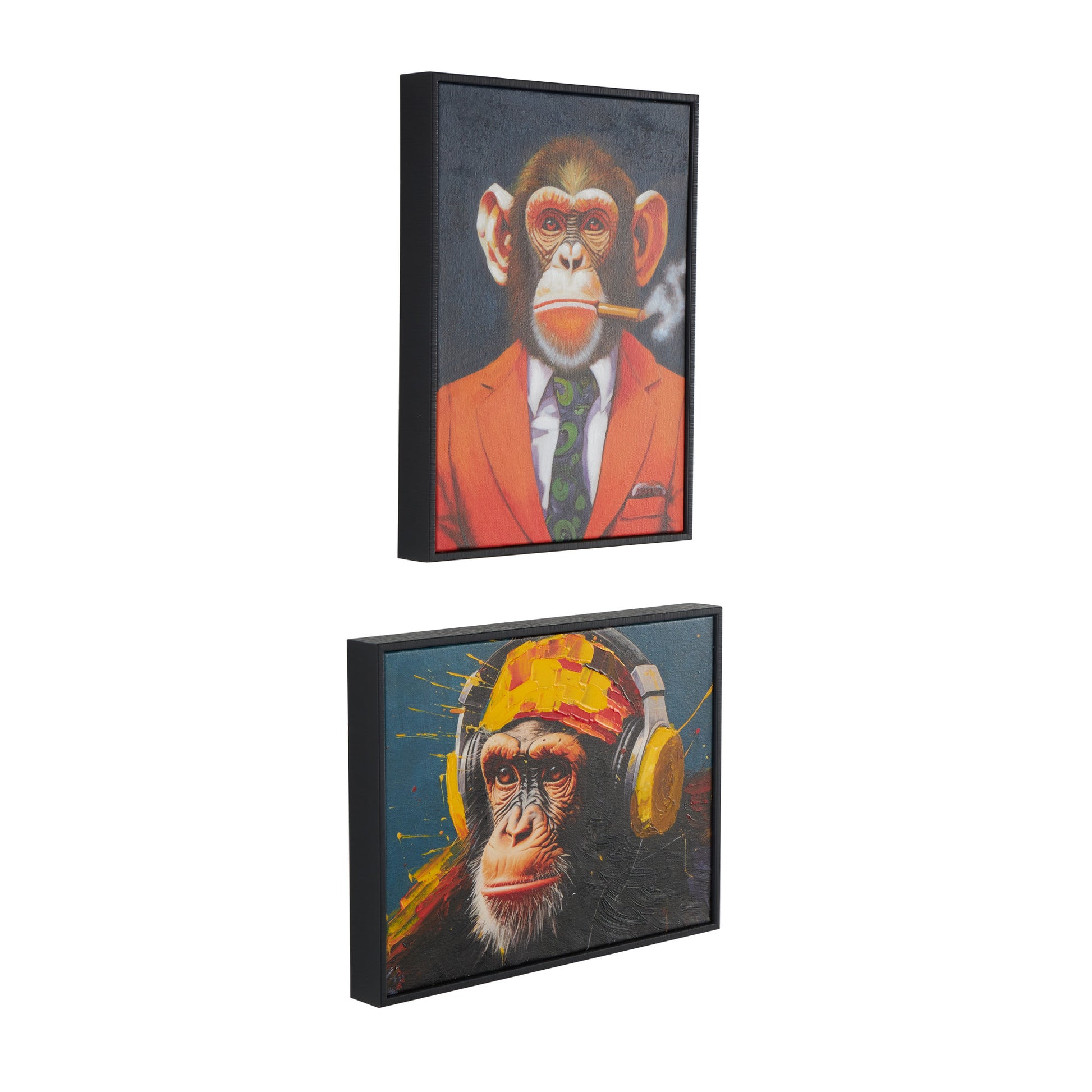 Set of 2 Monkey Multi Colored Canvas Business Living Room Framed Wall Art with Cigar and Headphones
