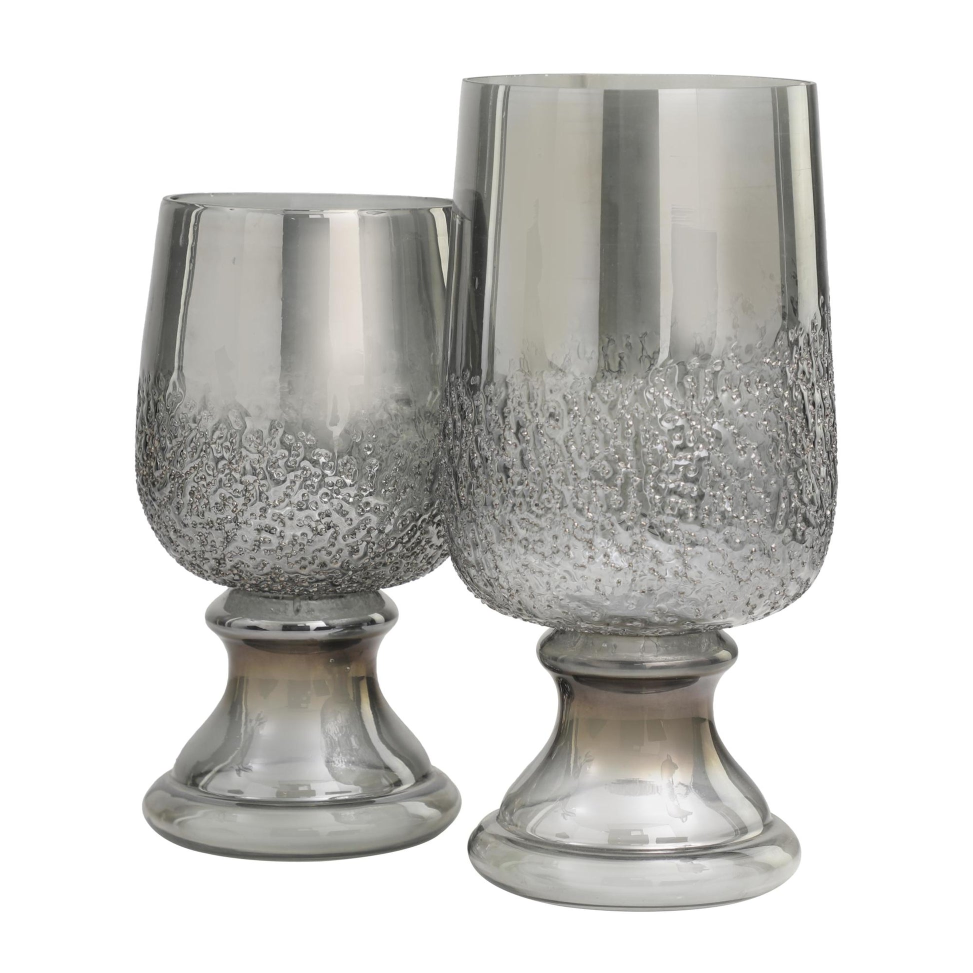 Set of 2 Gray Glass Tinted Decorative Candle Holder with Textured Exterior