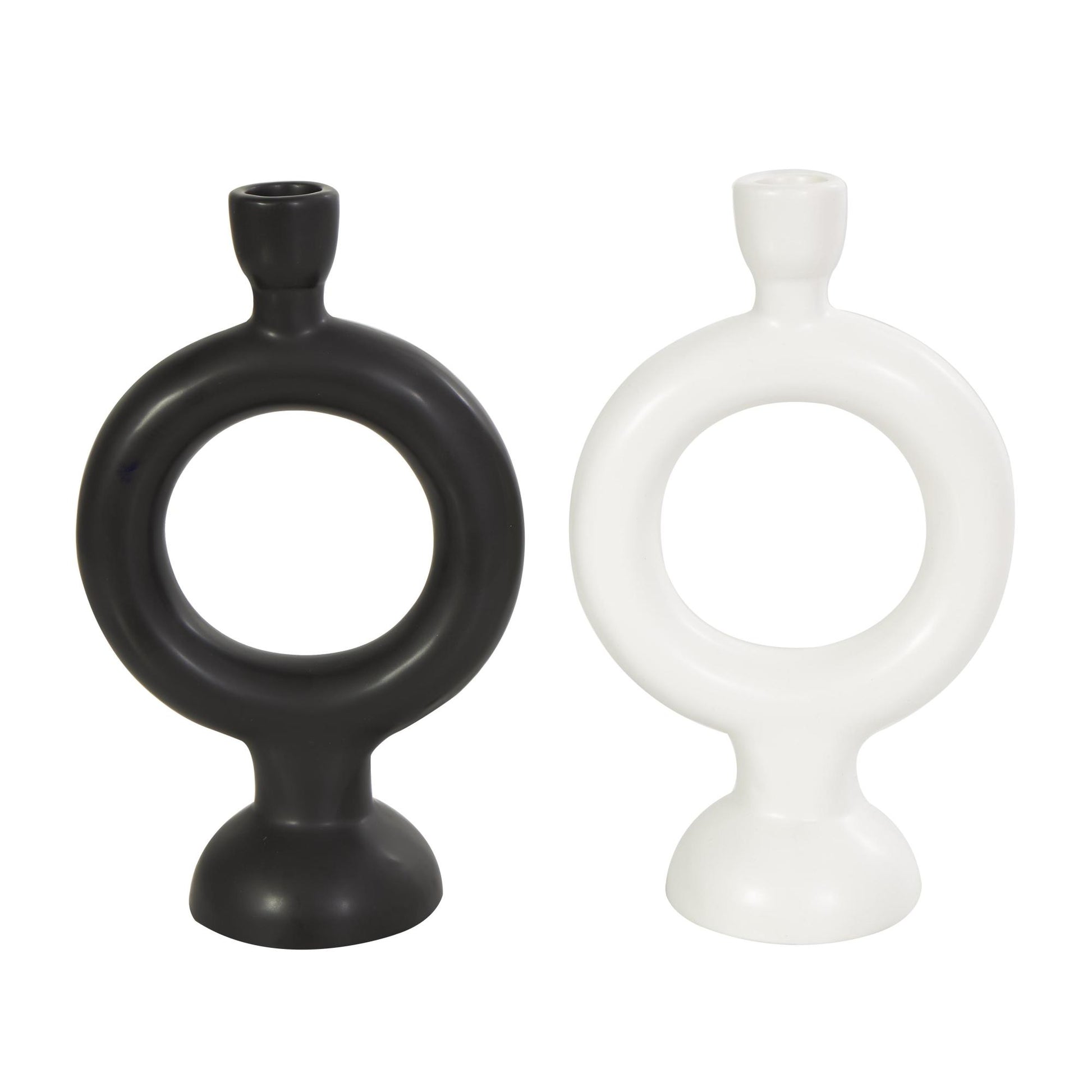 CosmoLiving by Cosmopolitan Set of 2 Geometric Black Ceramic Ring Decorative Candle Holder