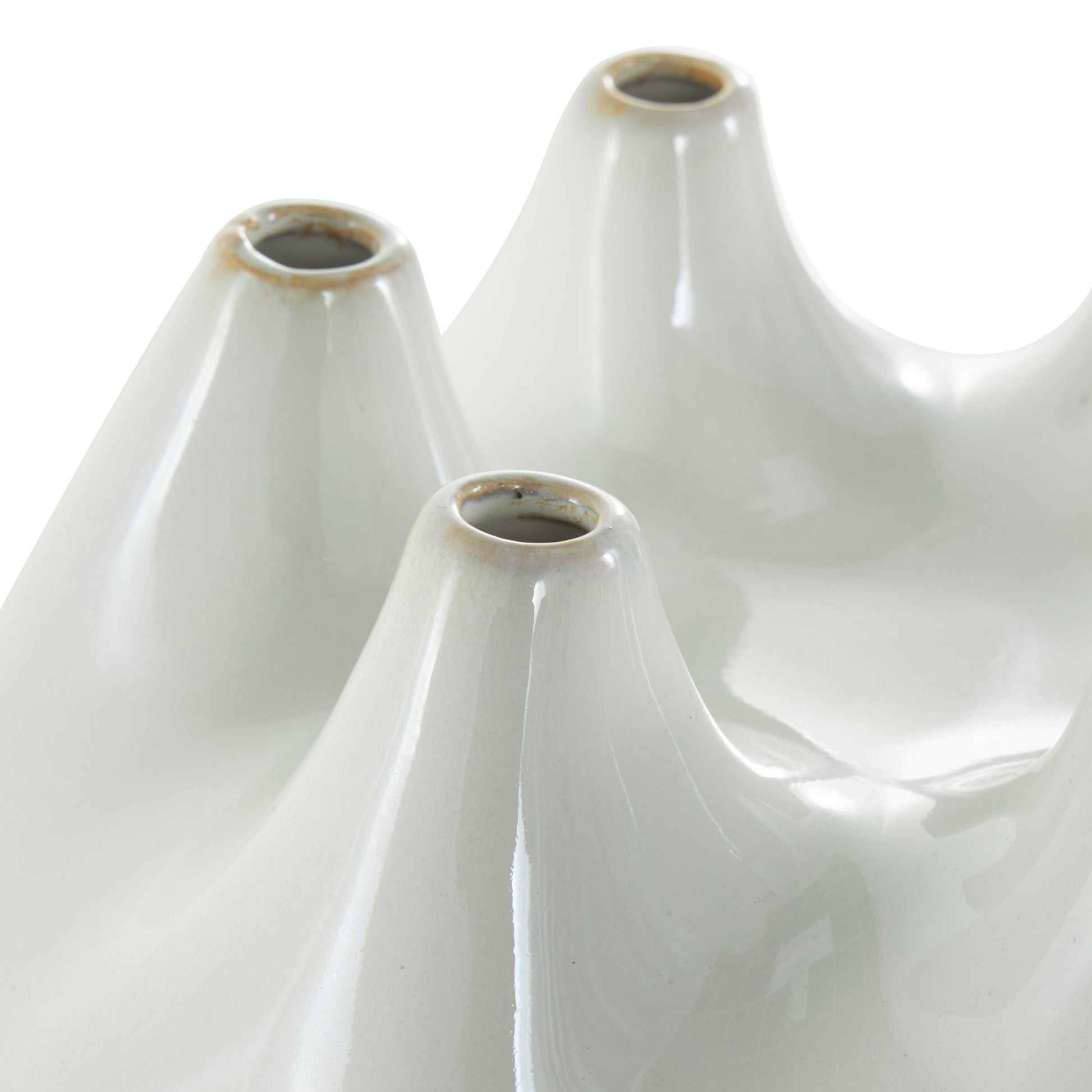 Abstract White Ceramic Round Wide Decorative Vase with Multiple Openings