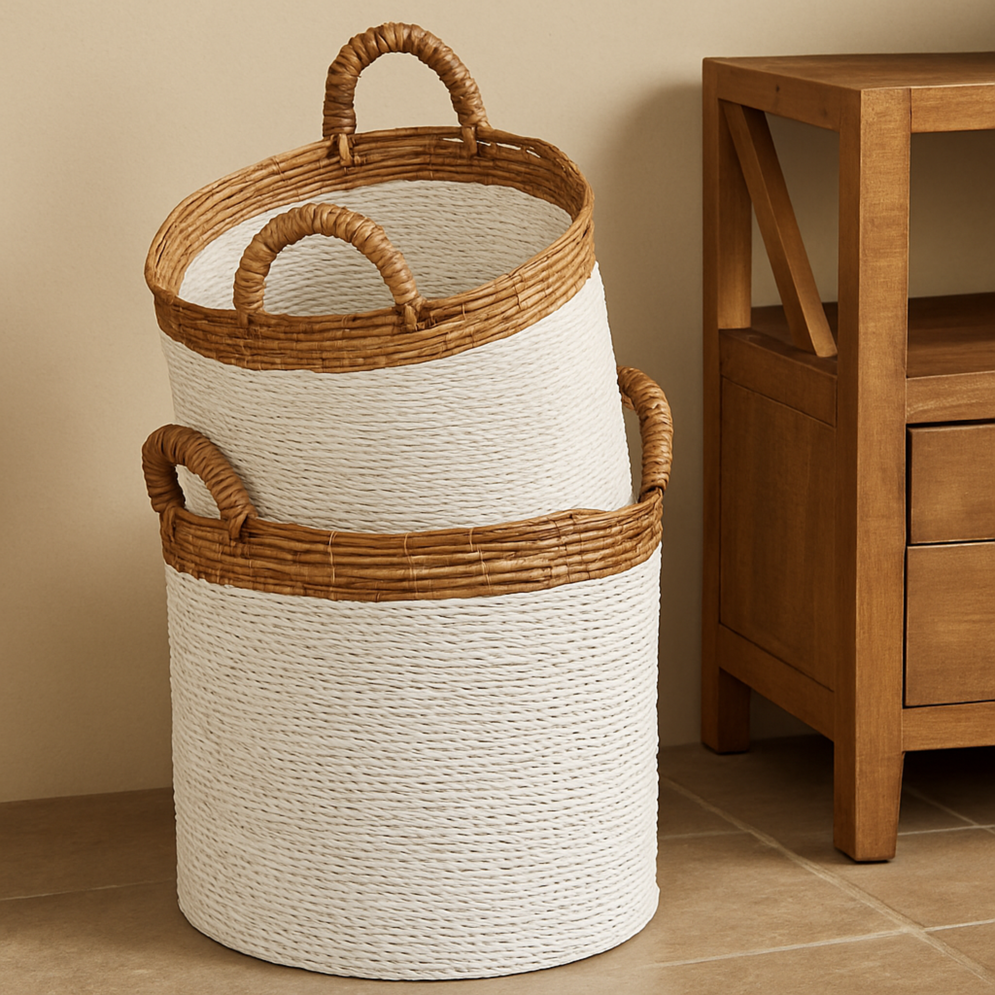 Set of 3 White Seagrass Handmade Two Toned Decorative and Functional Storage Basket with Handles