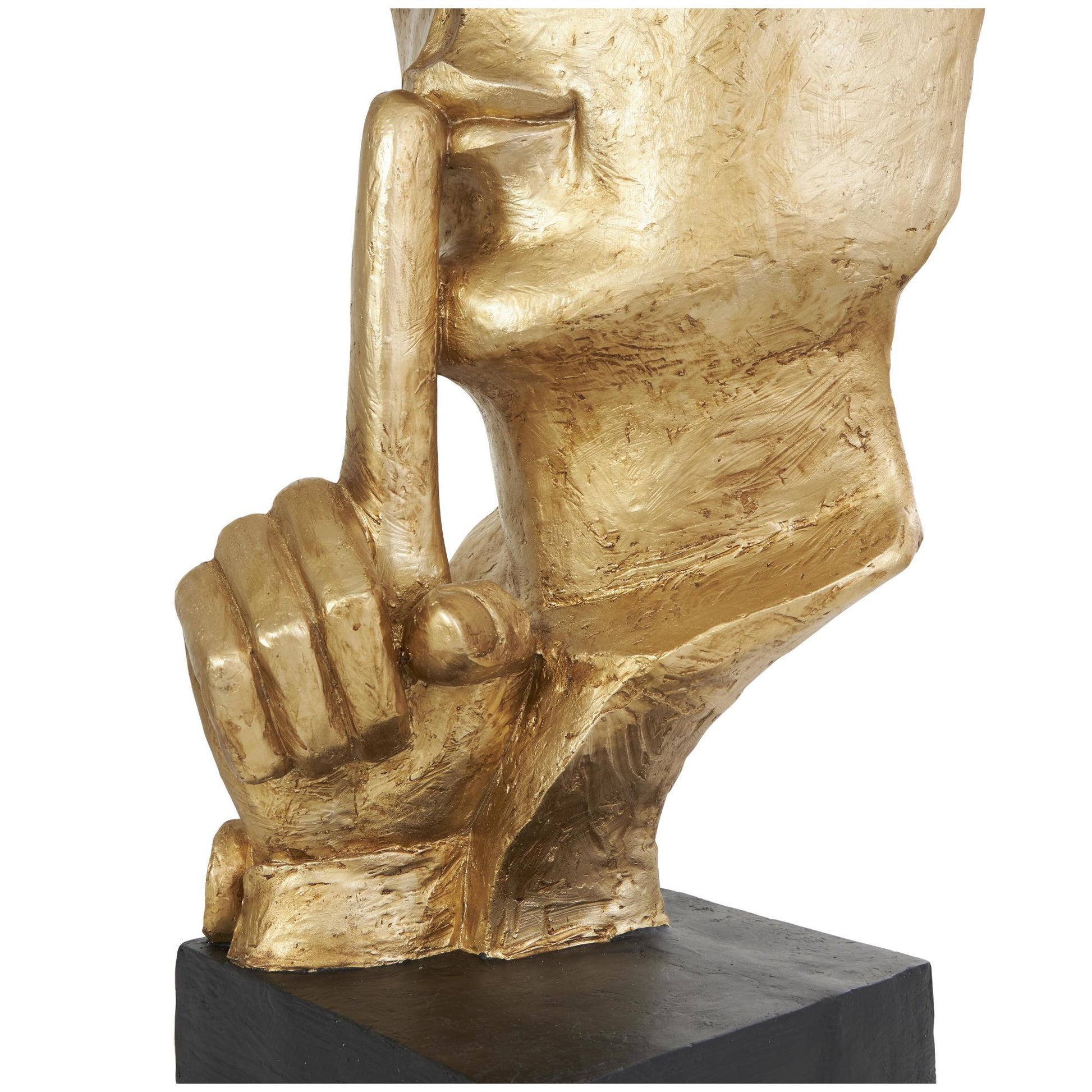 People Gold Polystone Large Cutout Quiet Gesture Face Decorative Sculpture with Black Base