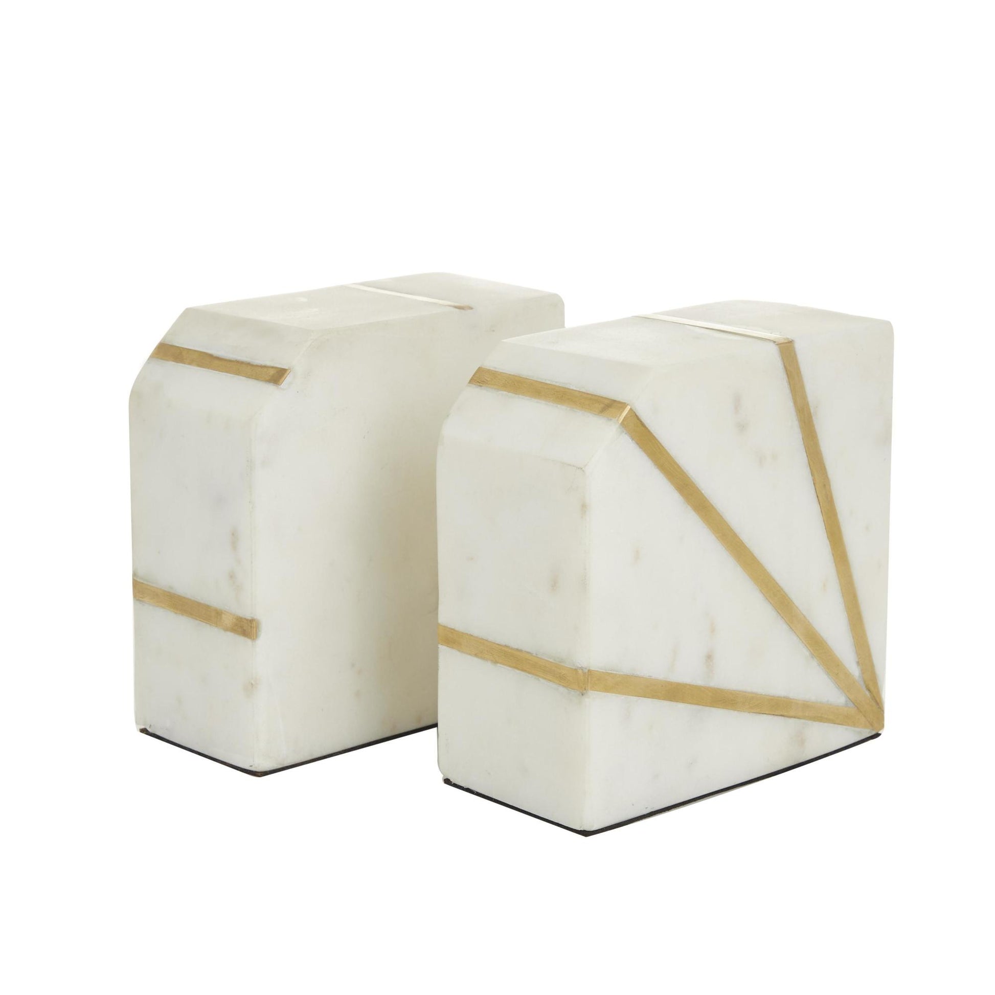 CosmoLiving by Cosmopolitan Set of 2 Geometric White Marble 8 lbs Decorative Bookends with Gold Inlay