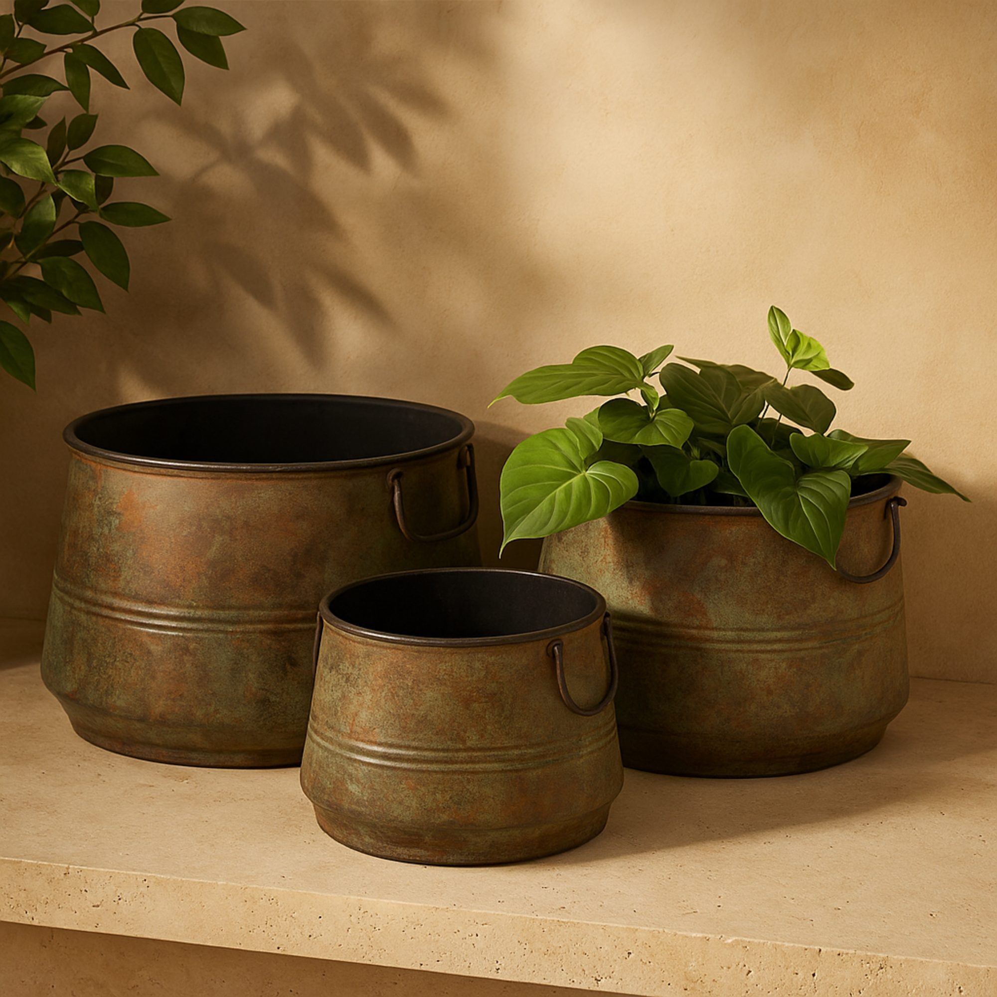 Set of 3 Green Metal Distressed Bucket Style Indoor Outdoor Planter with Side Ring Handles