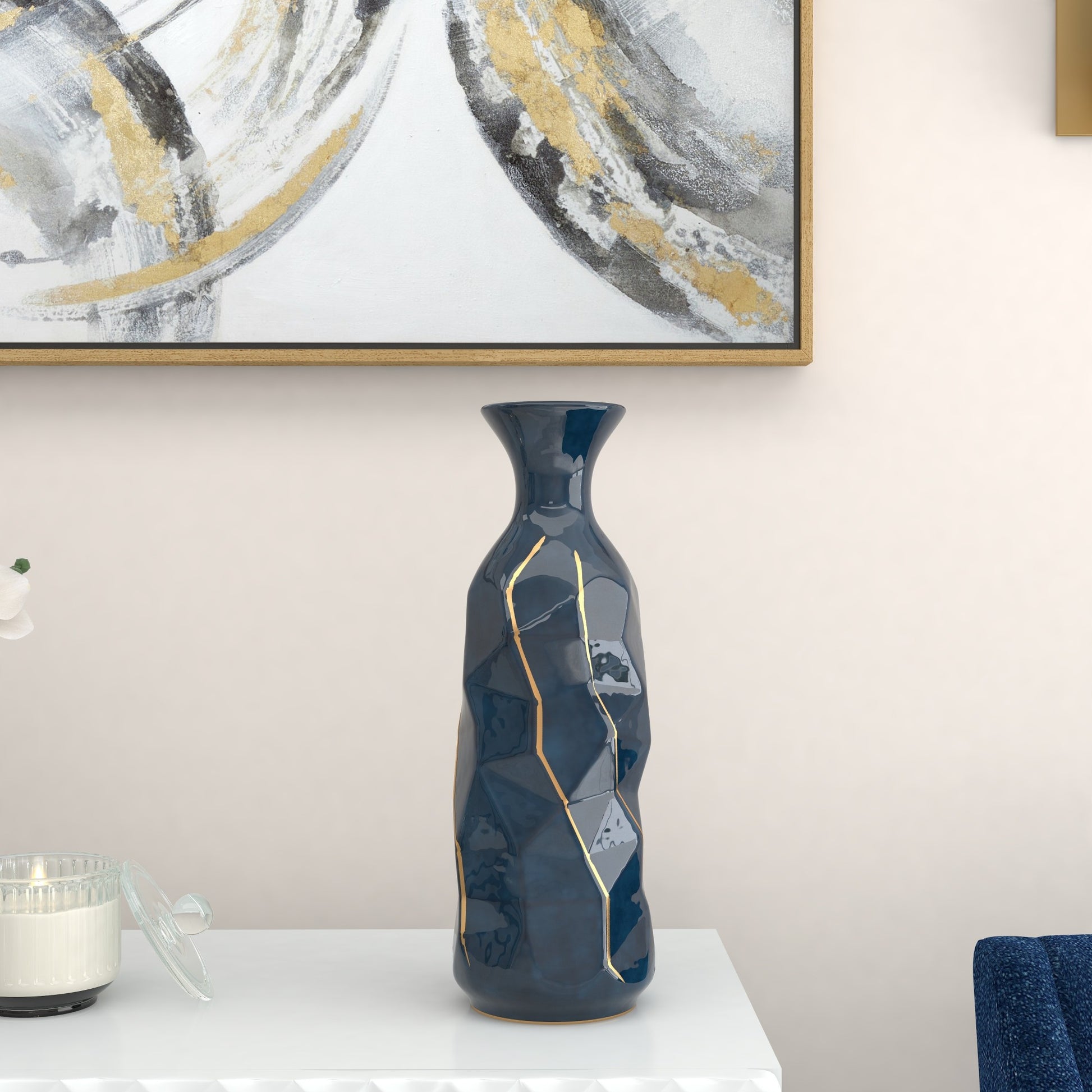 Teal Ceramic Geometric Floor Decorative Vase with Gold Accents