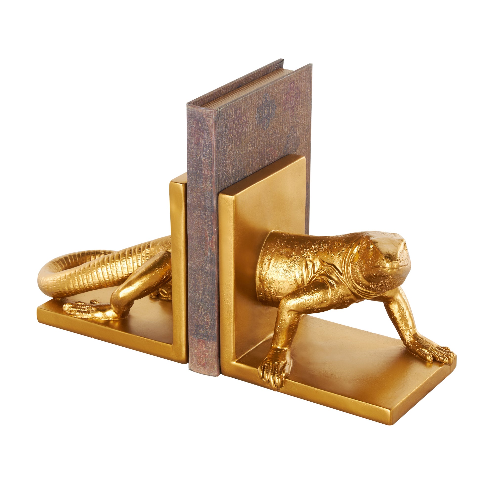 Set of 2 Lizard Gold Resin Crawling Decorative Bookends