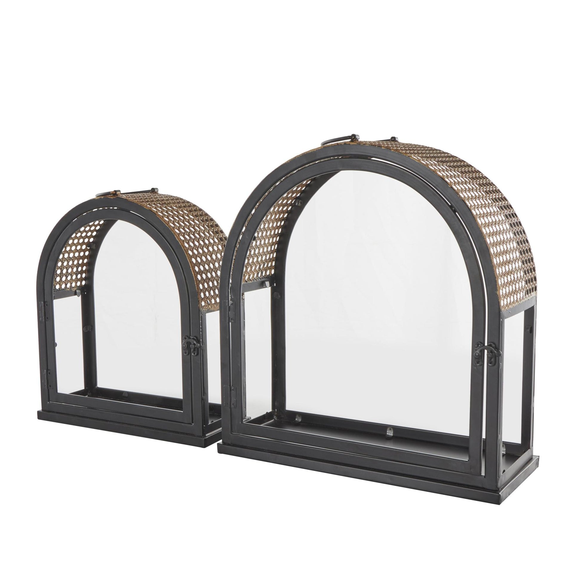 Set of 2 Black Metal Arched Indoor Outdoor Candle Lantern with Cane Inspired Gold Tops