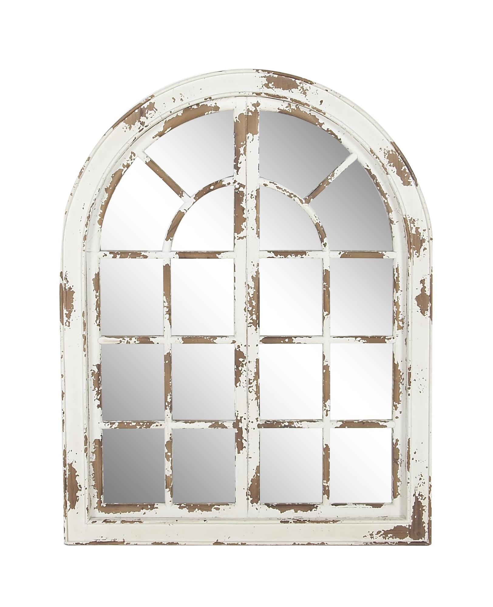 Wood Window Pane Inspired Room Wall Mirror with Arched Top and Distressing