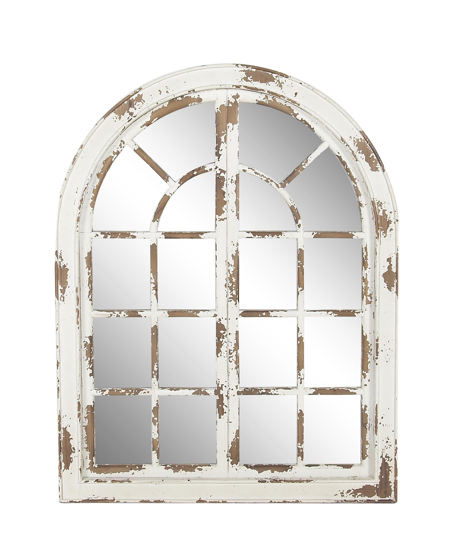 Wood Window Pane Inspired Room Wall Mirror with Arched Top and Distressing