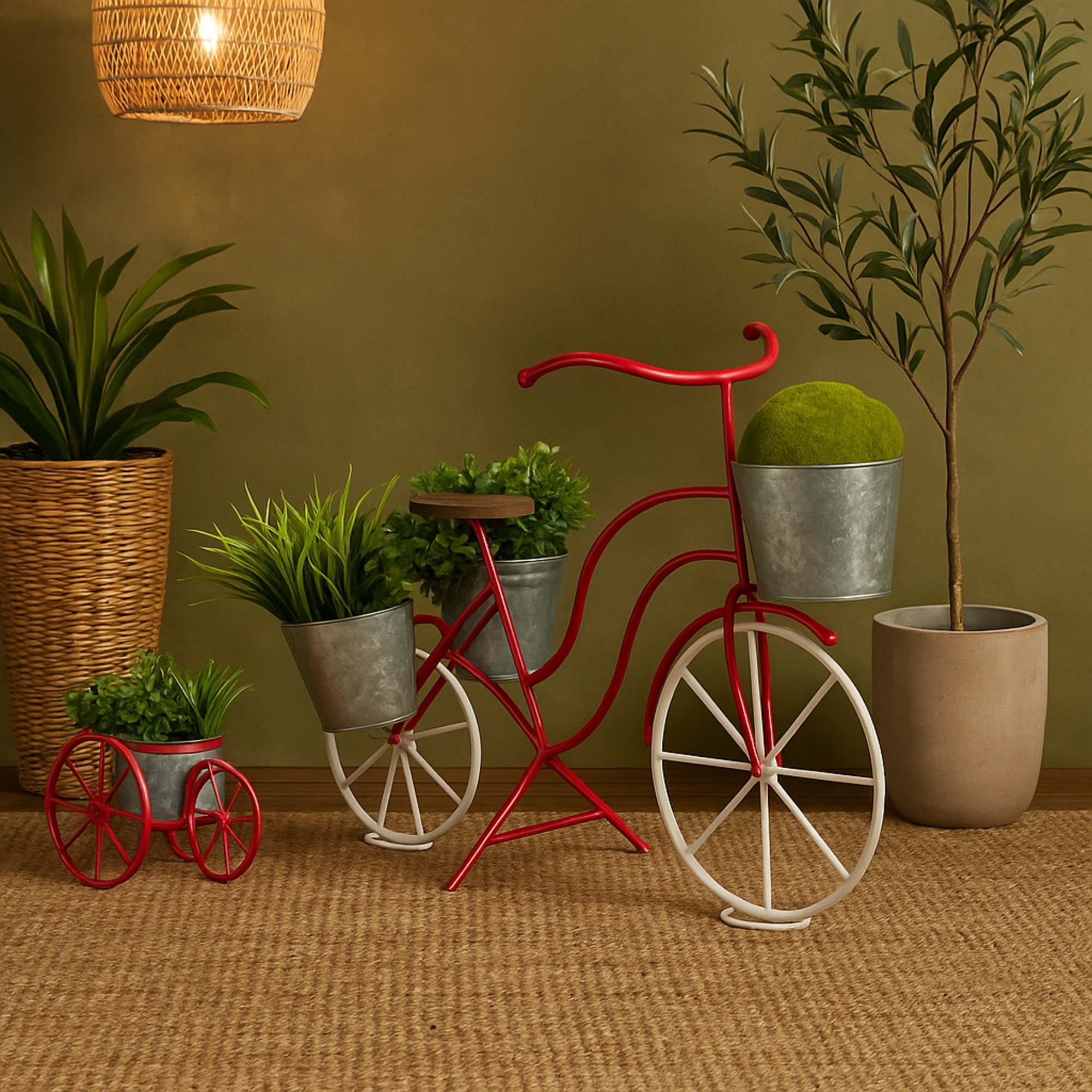 Bike Red Metal Indoor Outdoor Plantstand with Basket and Saddle Bag Planters