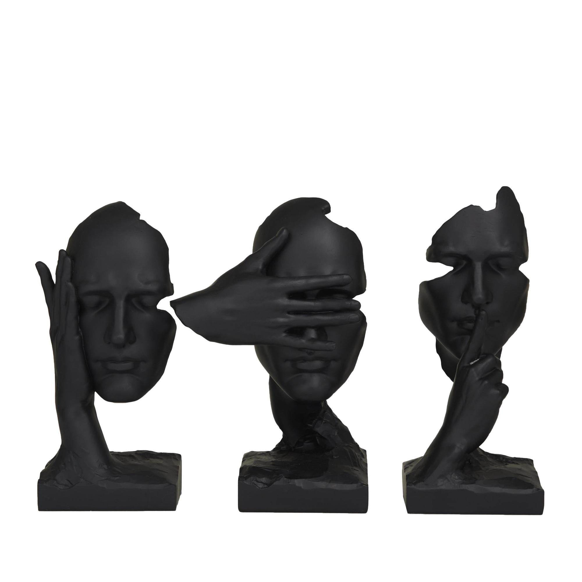Set of 3 Face Black Polystone Decorative Sculpture