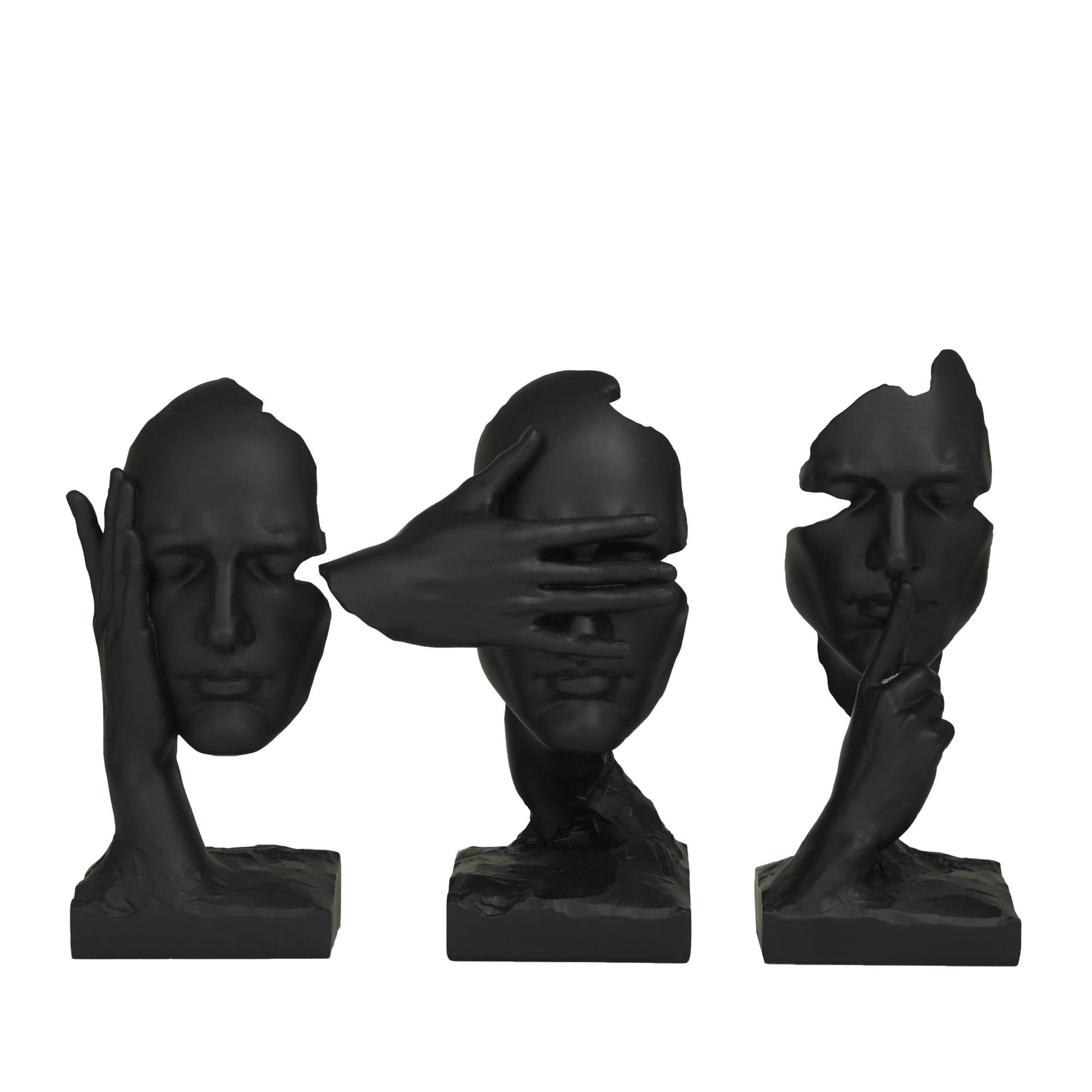 Set of 3 Face Black Polystone Decorative Sculpture