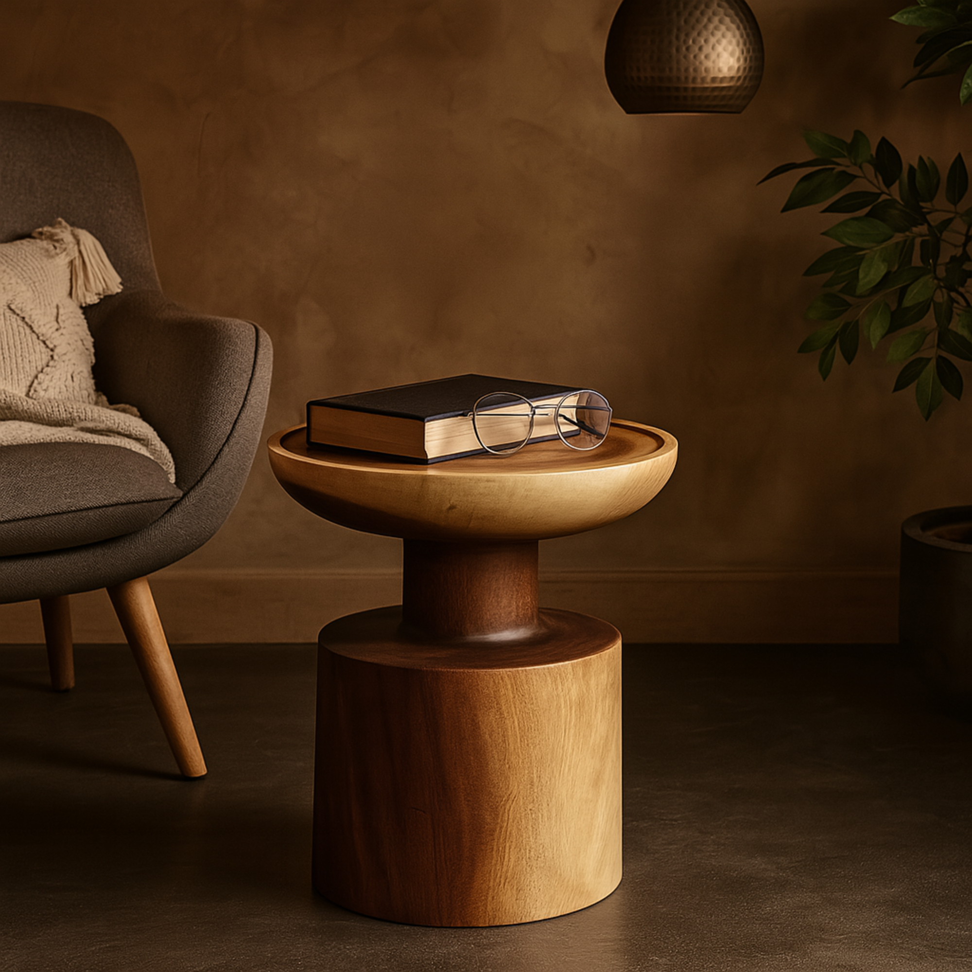 Brown Wood Handmade End Accent Table with Block Base