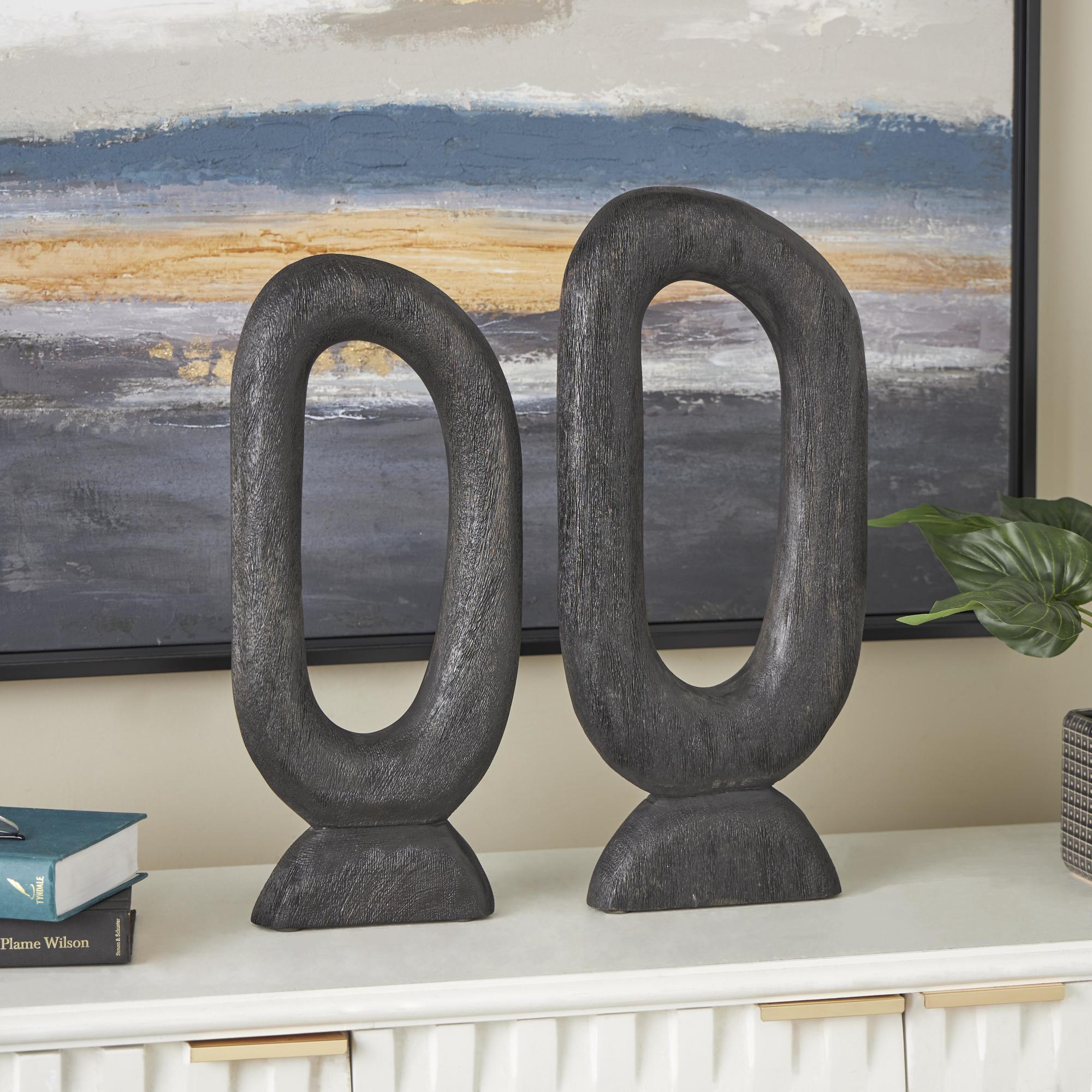 Set of 2 Abstract Black Mango Wood Cutout Oval Decorative Sculpture