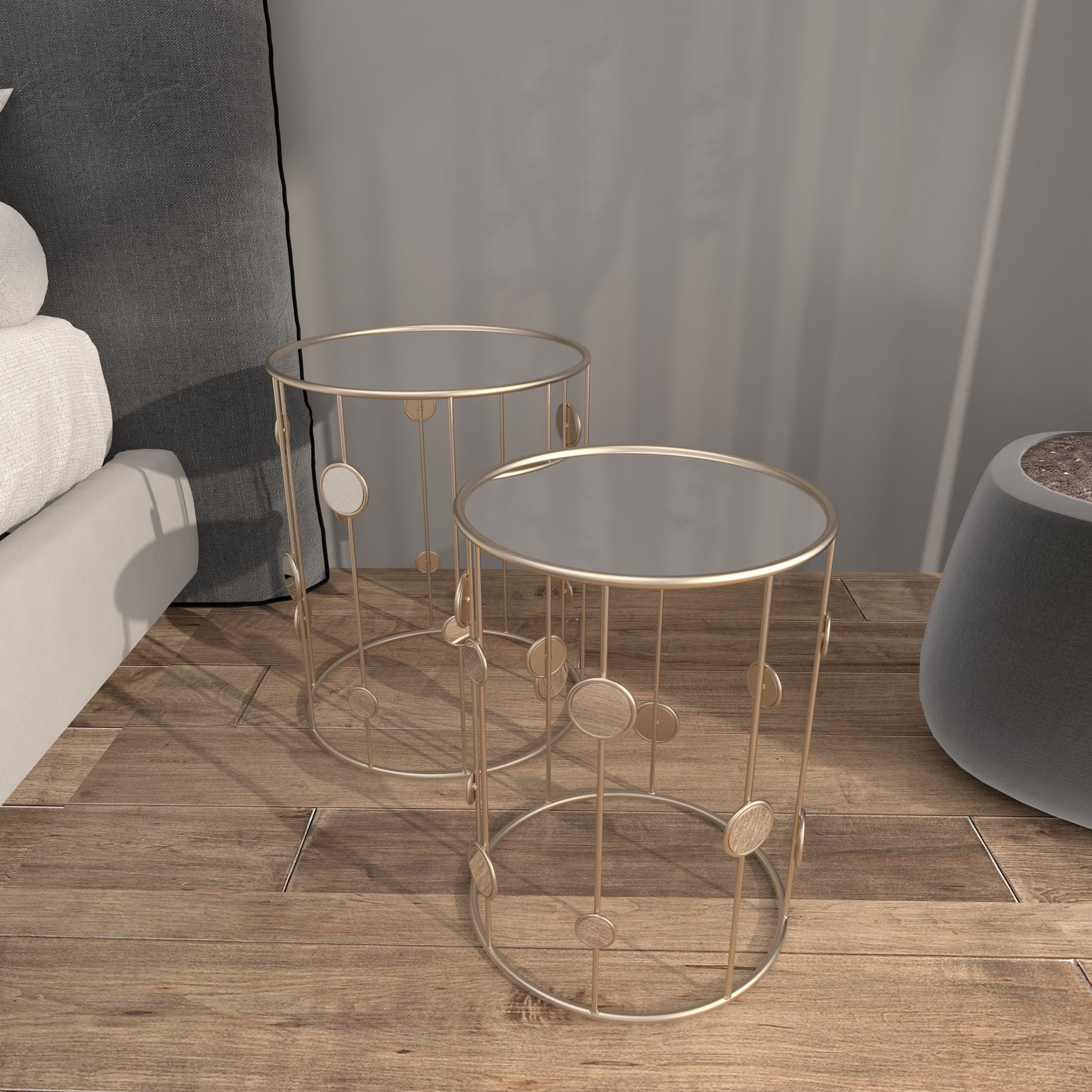 Set of 2 Champagne Metal Open Frame Side End Accent Table with Mirrored Glass Top and Circular Accents