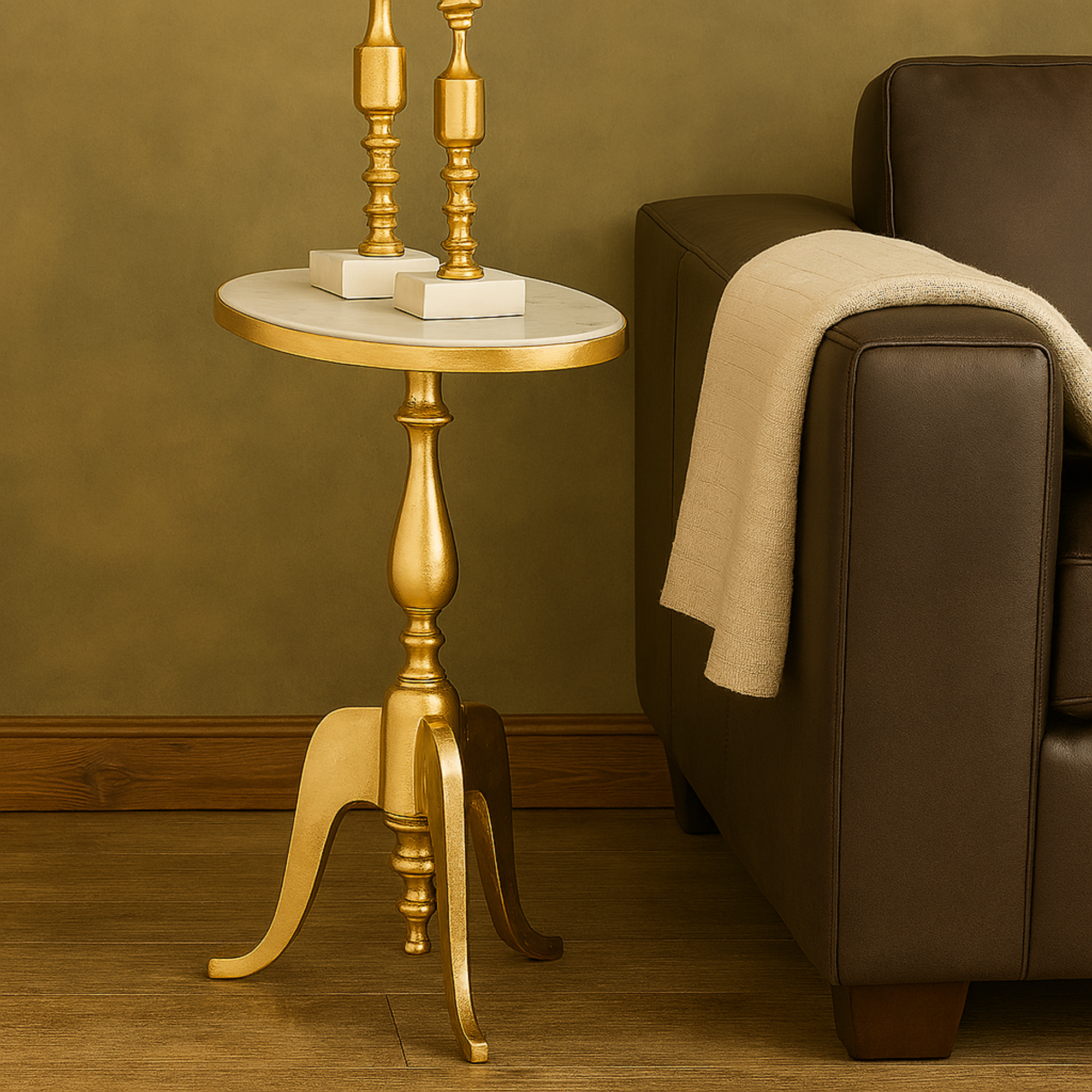 Gold Aluminum Metal Turned Oval Side End Accent Table with White Marble Top and Scroll Legs
