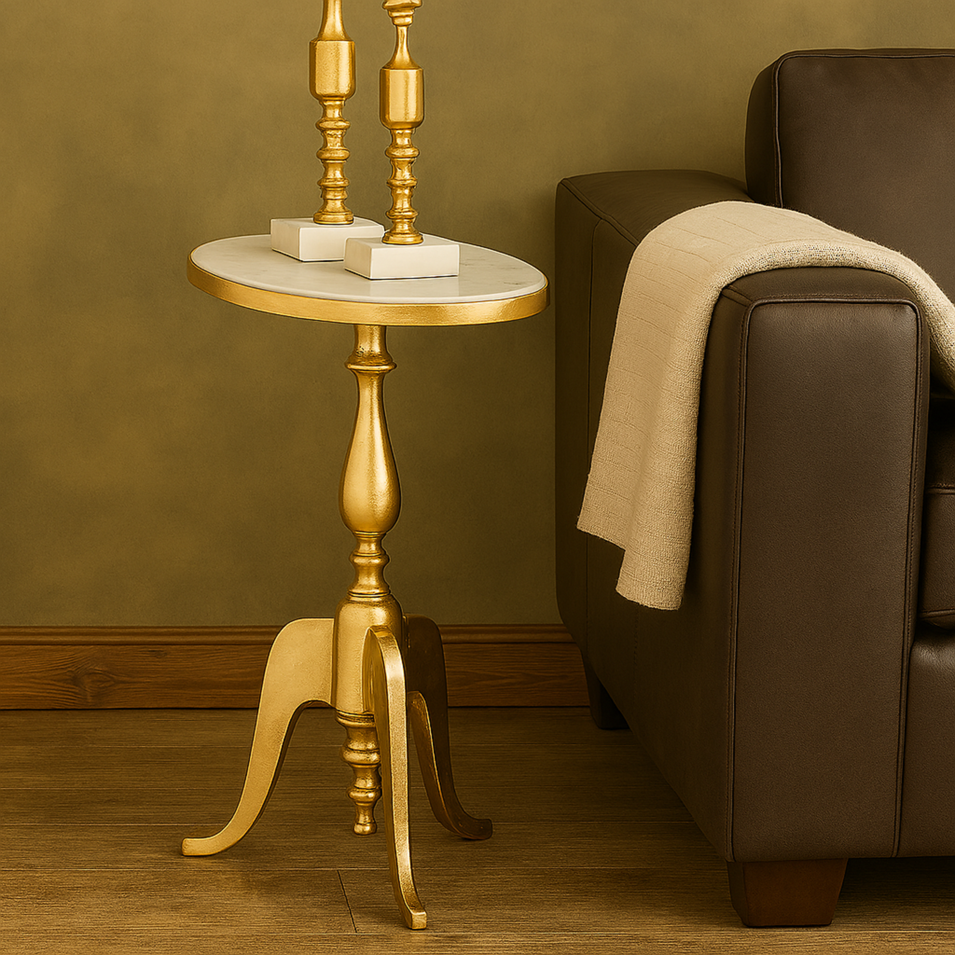 Gold Aluminum Metal Turned Oval Side End Accent Table with White Marble Top and Scroll Legs