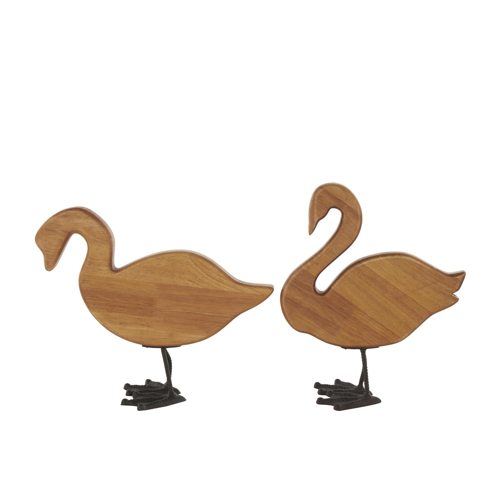 Set of 2 Duck Brown Wood Abstract Decorative Garden Sculpture with Black Metal Feet